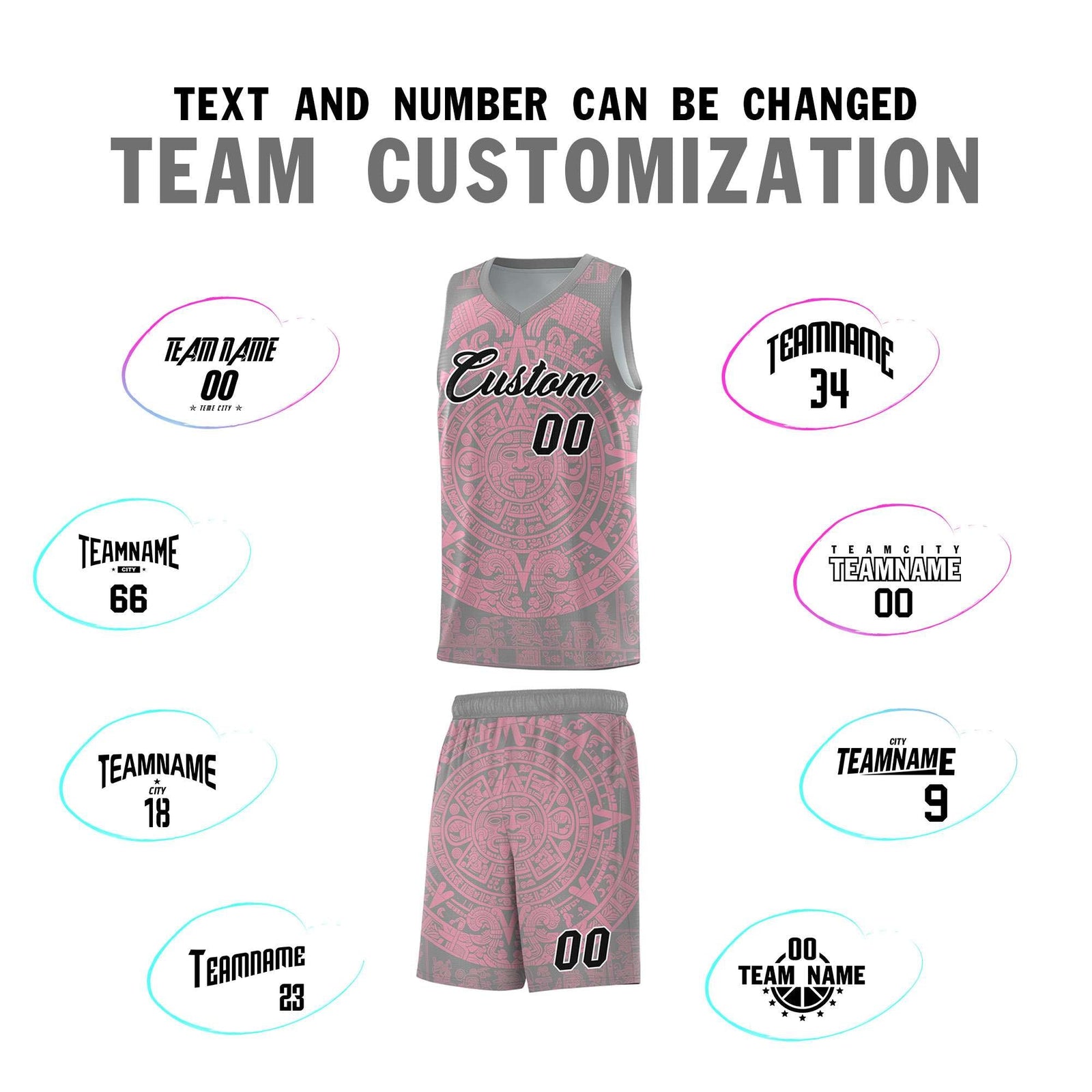 Custom Youth Basketball Jerseys Light Pink Aztec Sun Stone Pattern Custom Team Set