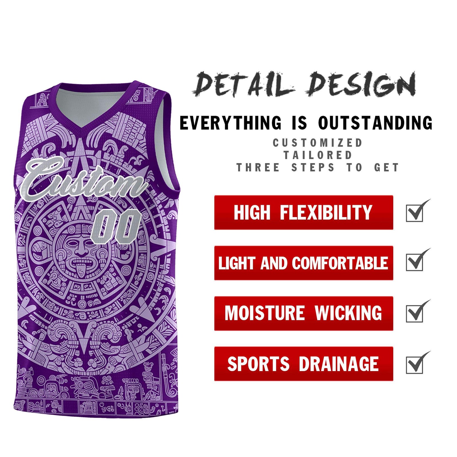 Custom Youth Basketball Jerseys Light Purple Aztec Sun Stone Pattern Custom Team Set