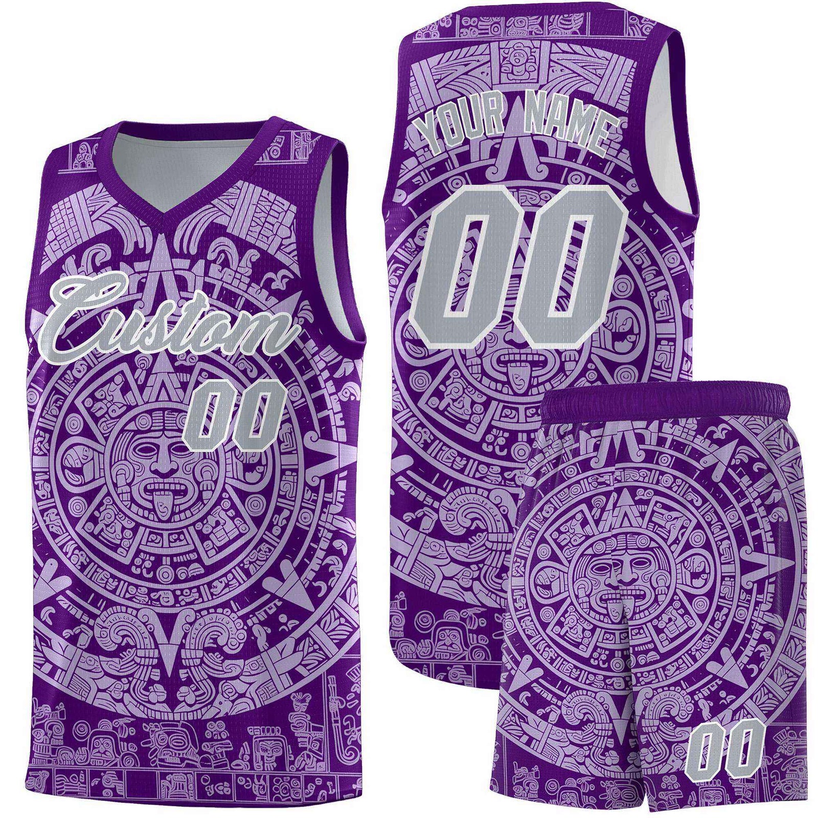 Custom Youth Basketball Jerseys Light Purple Aztec Sun Stone Pattern Custom Team Set