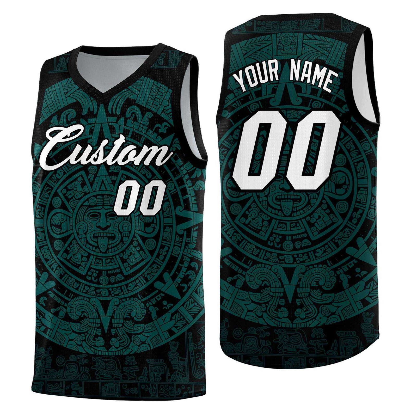 Custom Youth Basketball Jerseys Teal Aztec Sun Stone Design Team Uniform