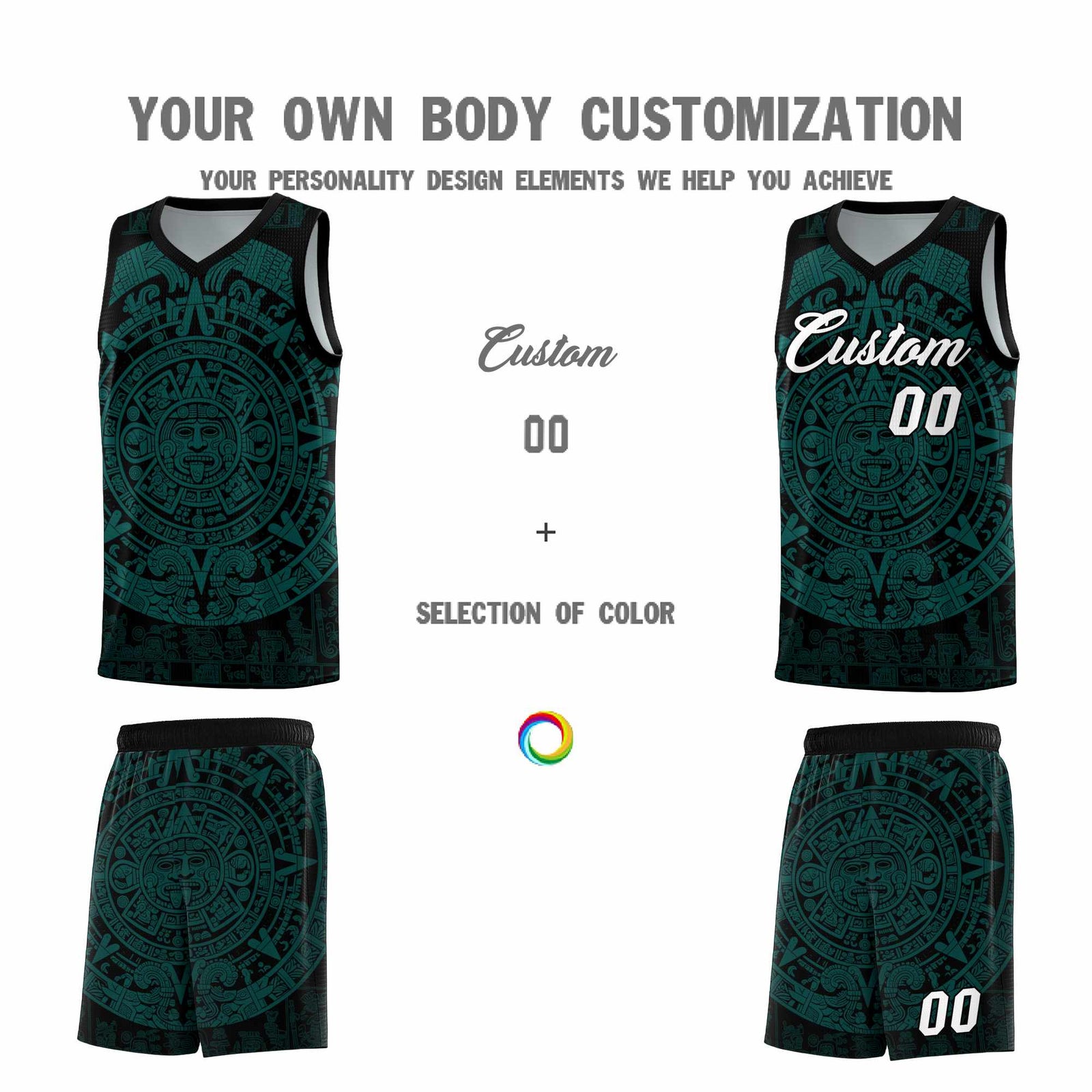 Custom Youth Basketball Jerseys Teal Aztec Sun Stone Design Team Uniform