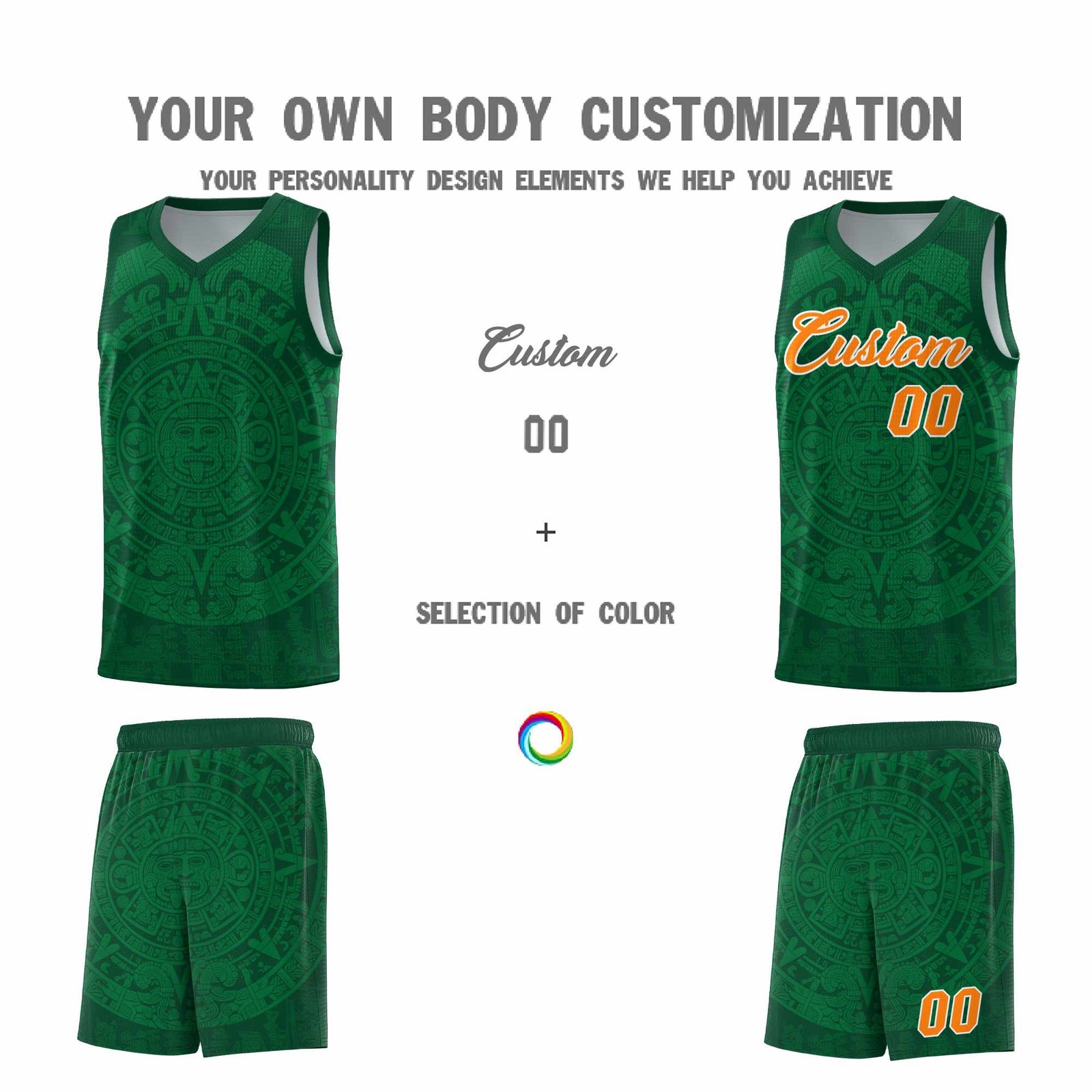 Custom Youth Basketball Jerseys Kelly Green Aztec Sun Stone Personalized Uniform