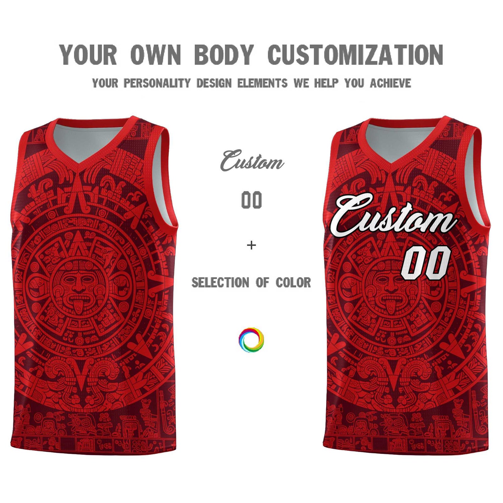 Custom Youth Basketball Jerseys Red Aztec Sun Stone Pattern Custom Team Set