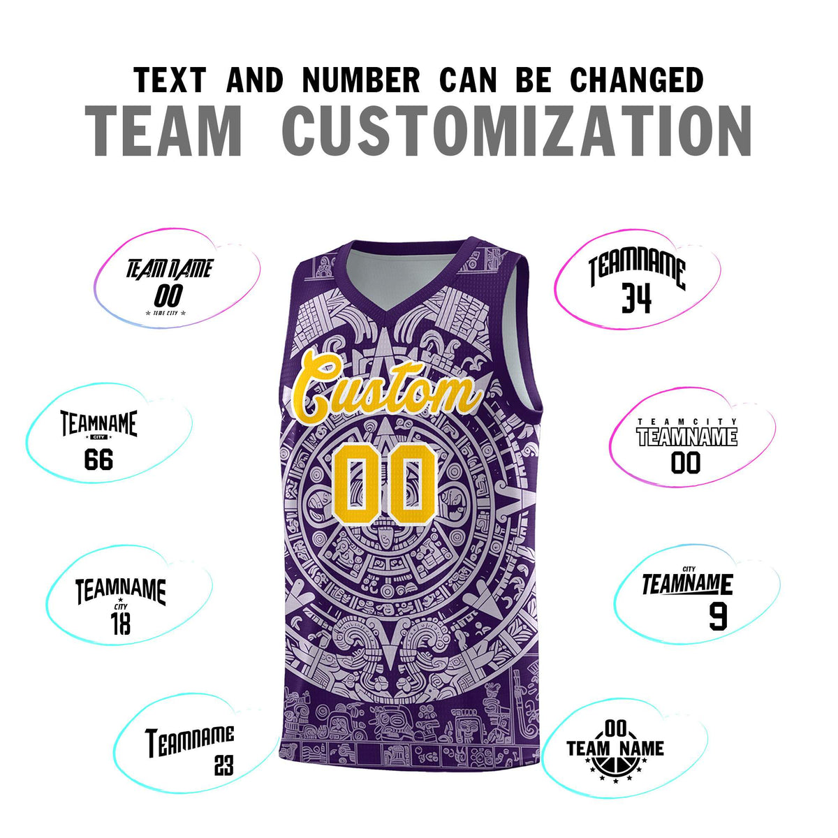 Custom Youth Basketball Jerseys Light Purple Aztec Sun Stone Pattern Custom Team Set