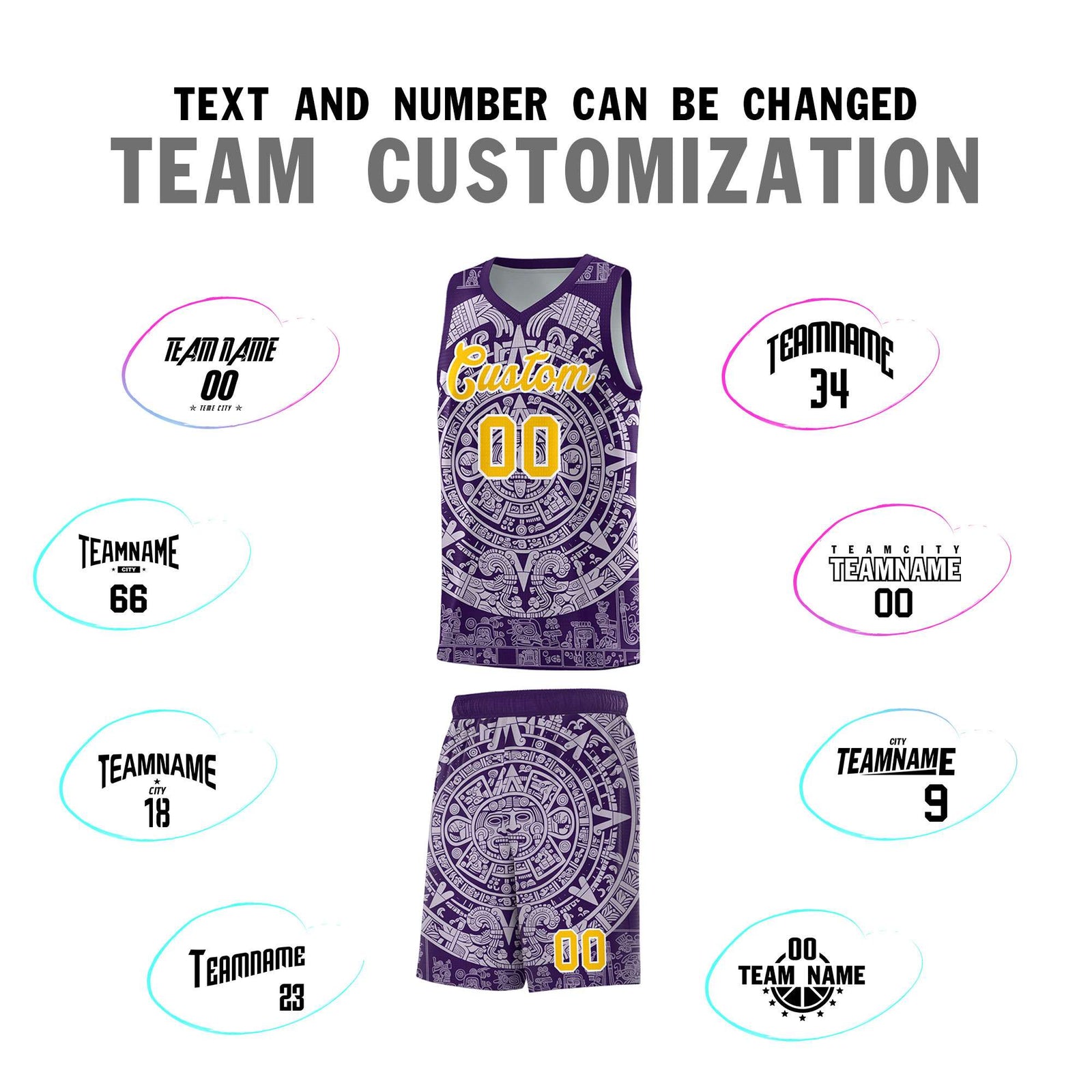 Custom Youth Basketball Jerseys Light Purple Aztec Sun Stone Pattern Custom Team Set