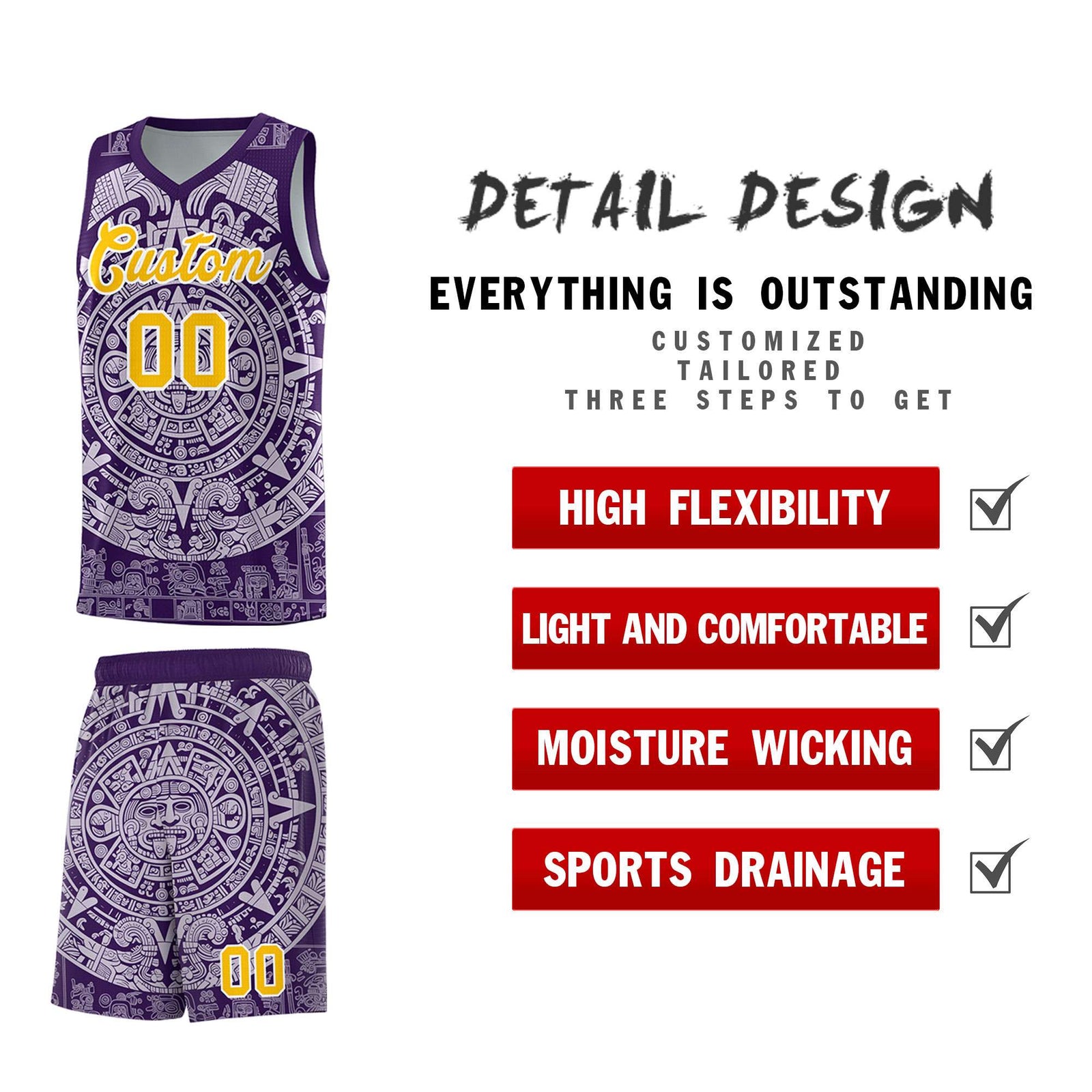 Custom Youth Basketball Jerseys Light Purple Aztec Sun Stone Pattern Custom Team Set