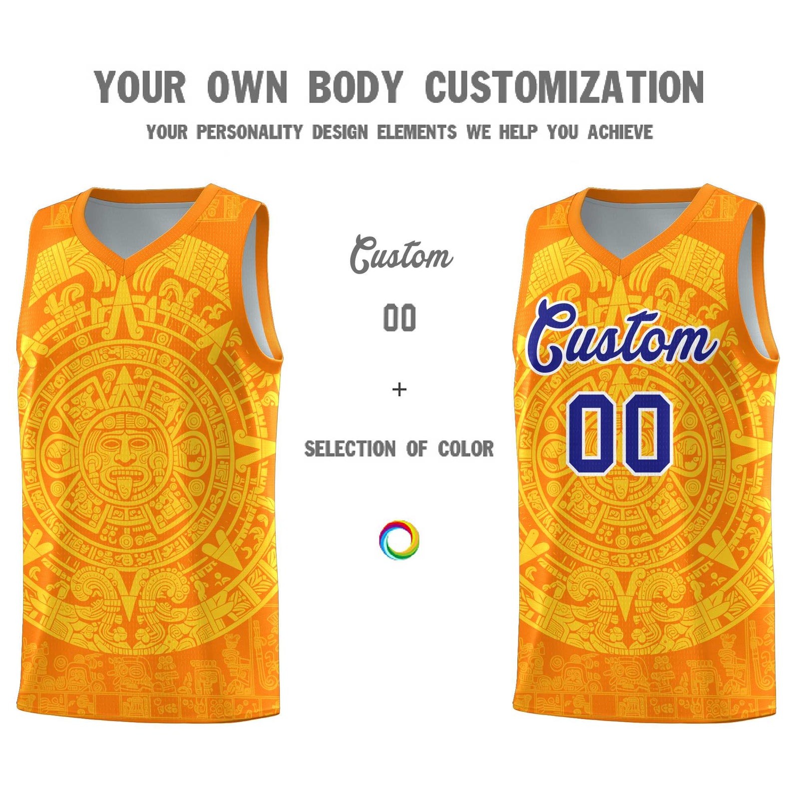 Custom Youth Basketball Jerseys Gold Aztec Sun Stone Design Team Uniform