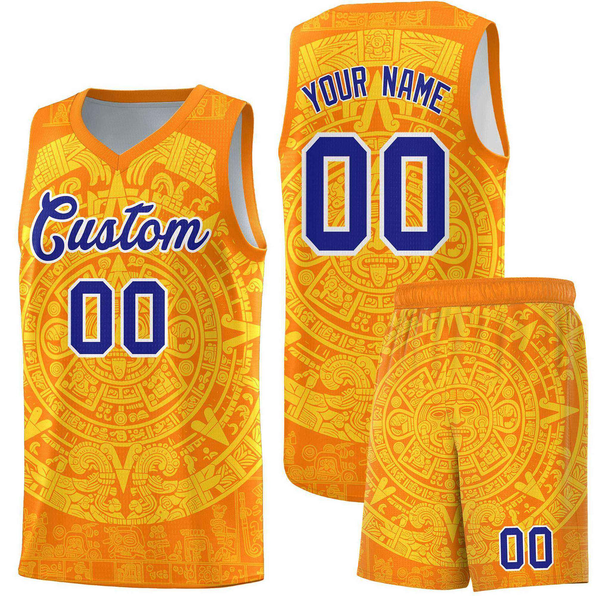 Custom Youth Basketball Jerseys Gold Aztec Sun Stone Design Team Uniform