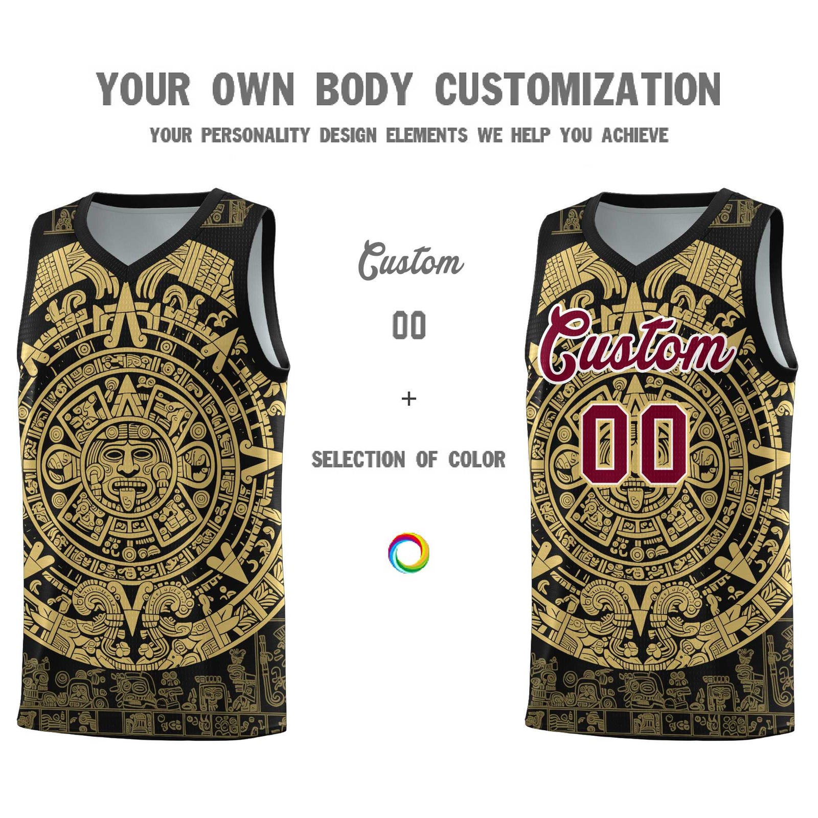Custom Youth Basketball Jerseys Old Gold Aztec Sun Stone Pattern Custom Team Set