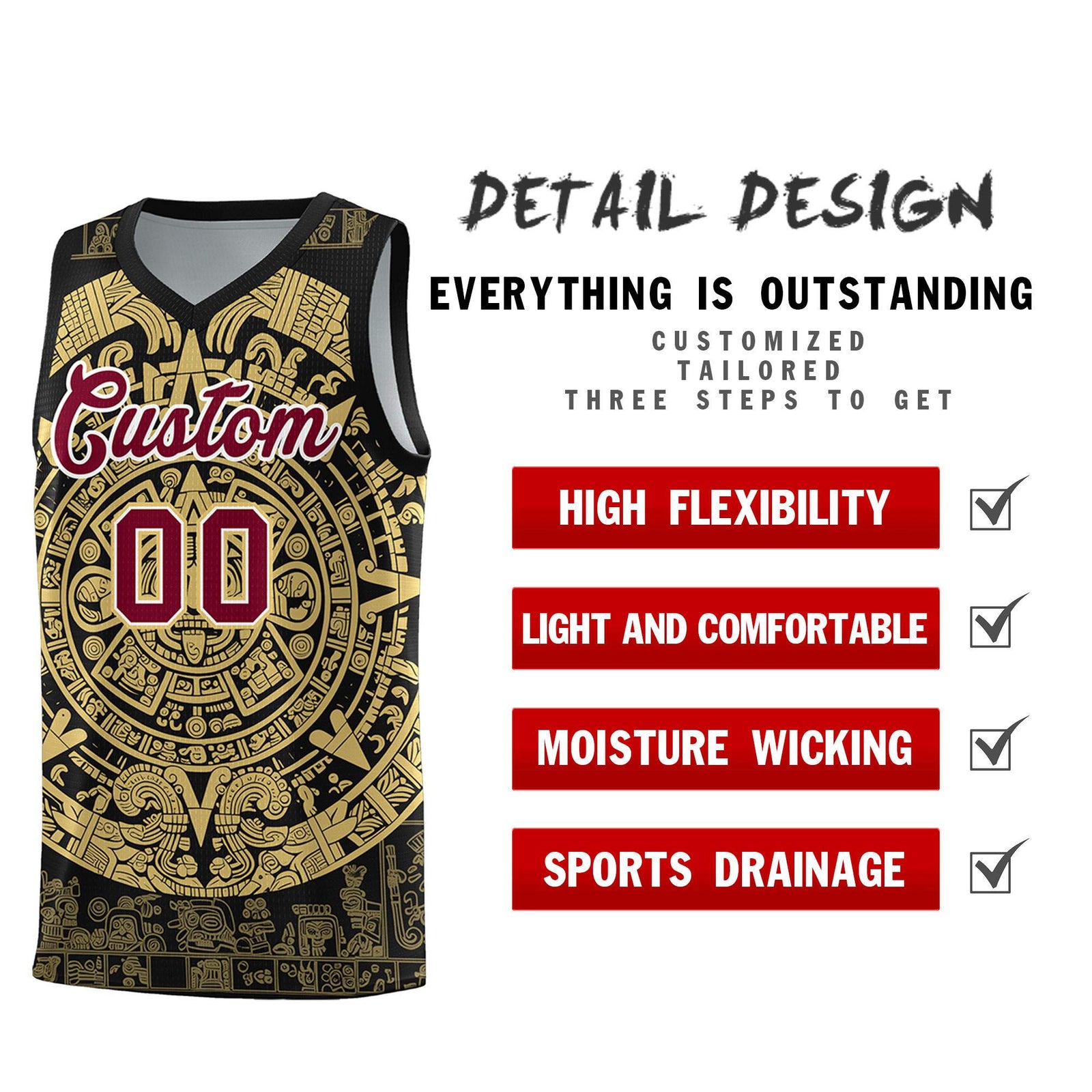 Custom Youth Basketball Jerseys Old Gold Aztec Sun Stone Pattern Custom Team Set