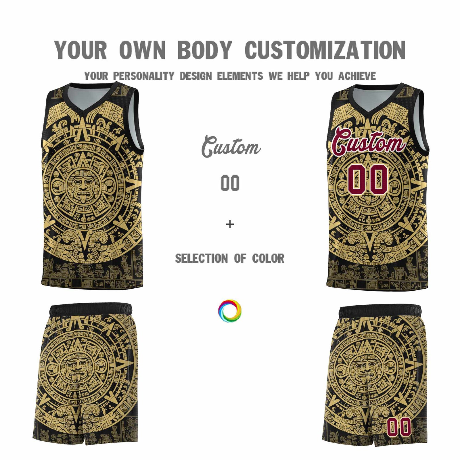 Custom Youth Basketball Jerseys Old Gold Aztec Sun Stone Pattern Custom Team Set