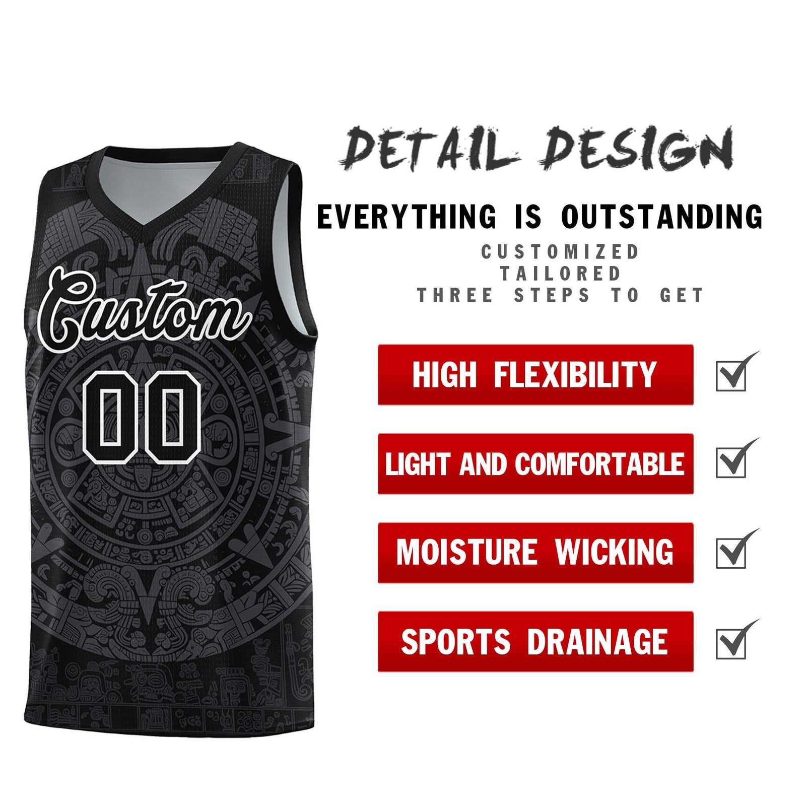 Custom Youth Basketball Jerseys Gray Aztec Sun Stone Design Team Uniform