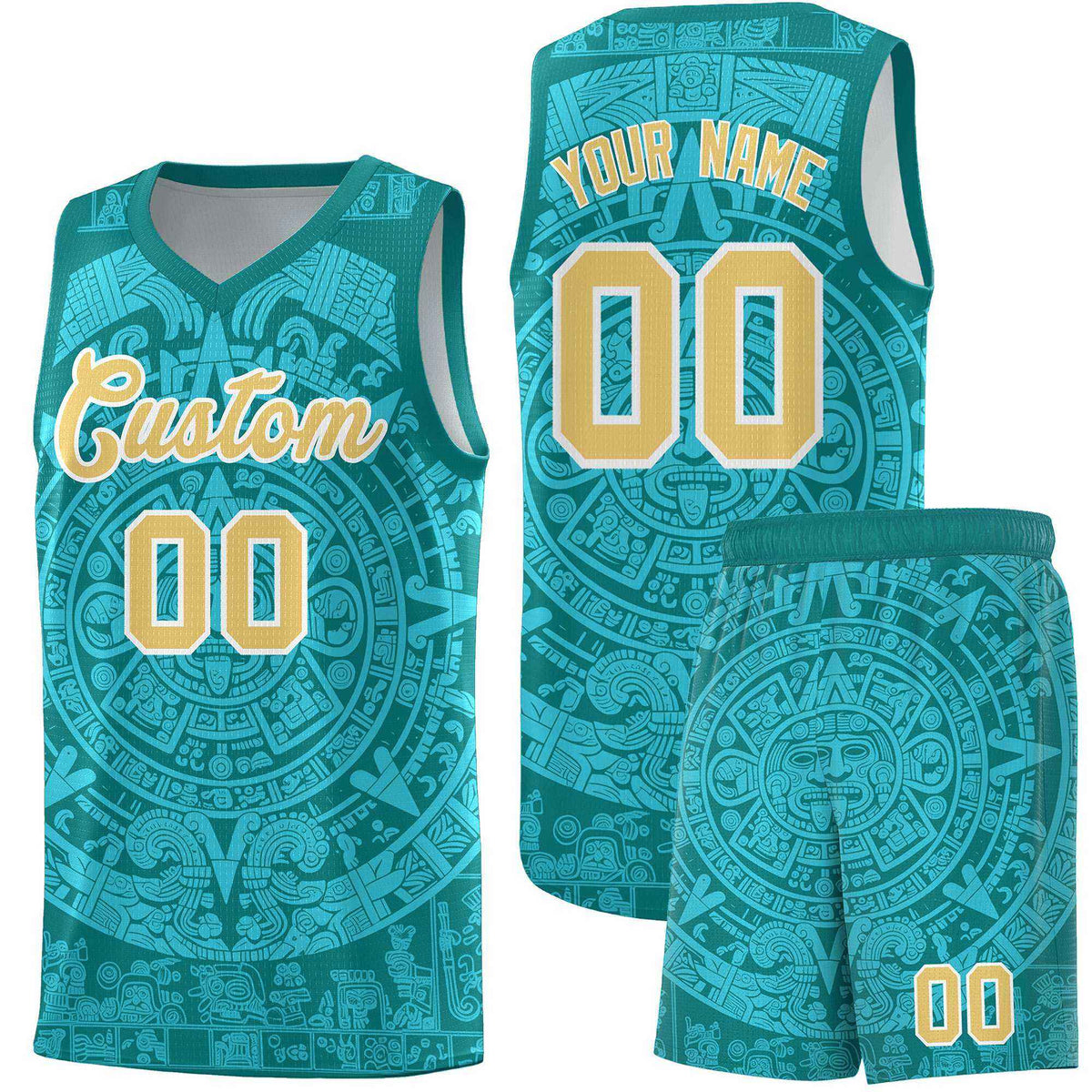 Custom Youth Basketball Jerseys Aqua Aztec Sun Stone Personalized Uniform