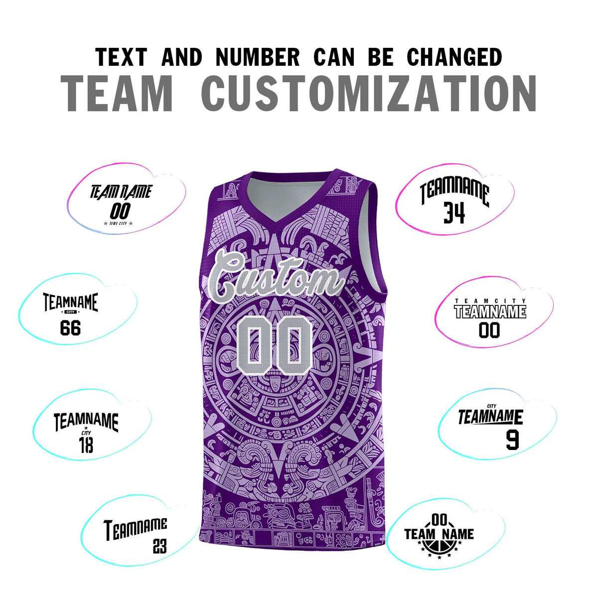 Custom Youth Basketball Jerseys Light Purple Aztec Sun Stone Pattern Custom Team Set
