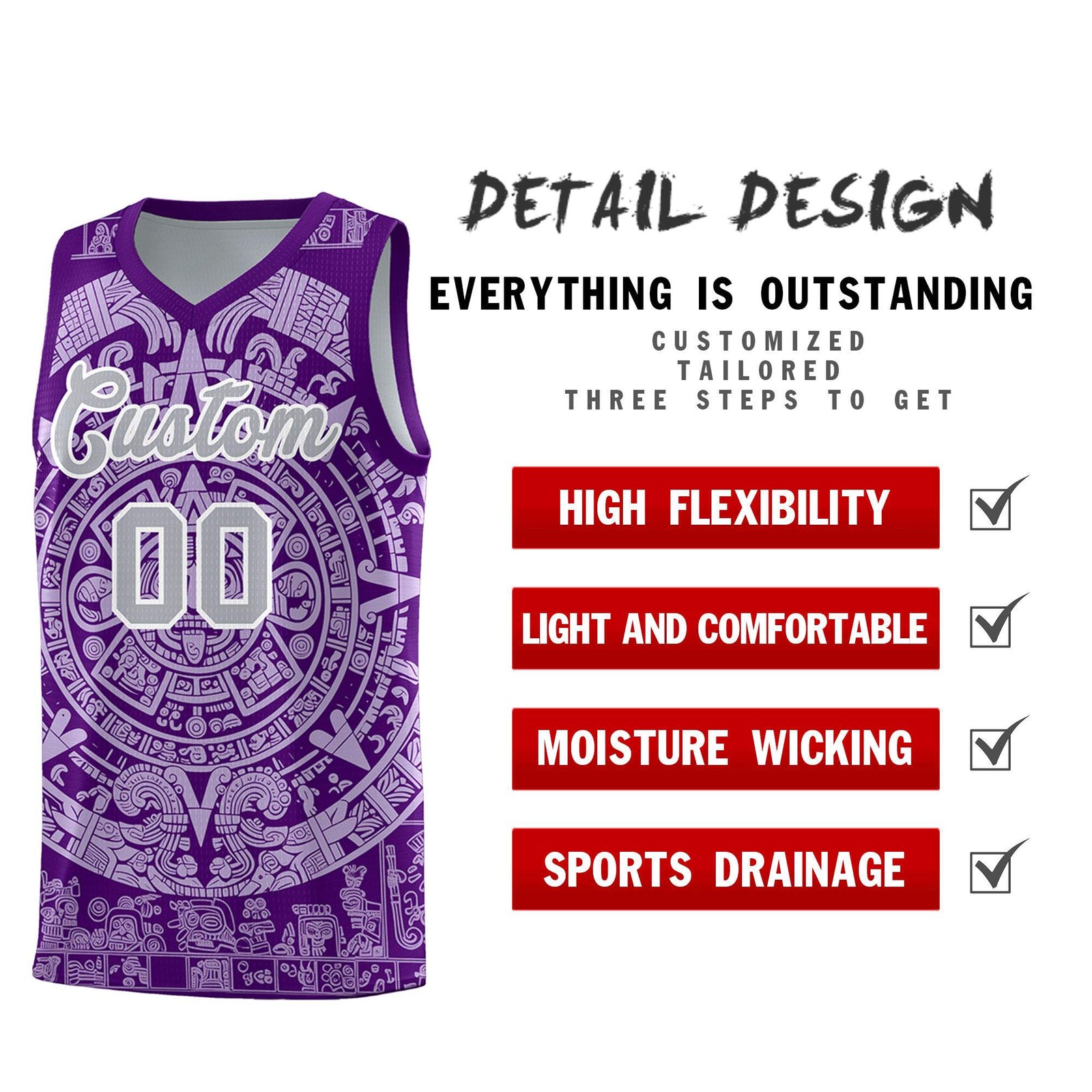 Custom Youth Basketball Jerseys Light Purple Aztec Sun Stone Pattern Custom Team Set