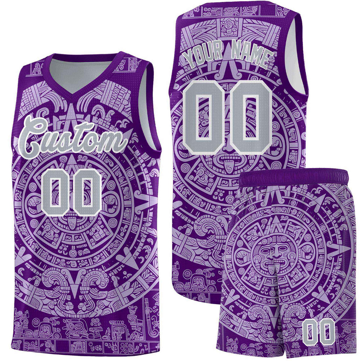Custom Youth Basketball Jerseys Light Purple Aztec Sun Stone Pattern Custom Team Set