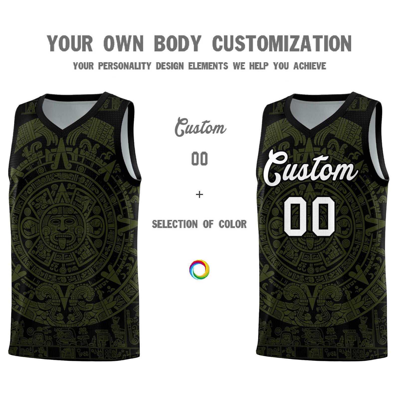Custom Youth Basketball Jerseys Olive Aztec Sun Stone Pattern Custom Team Set