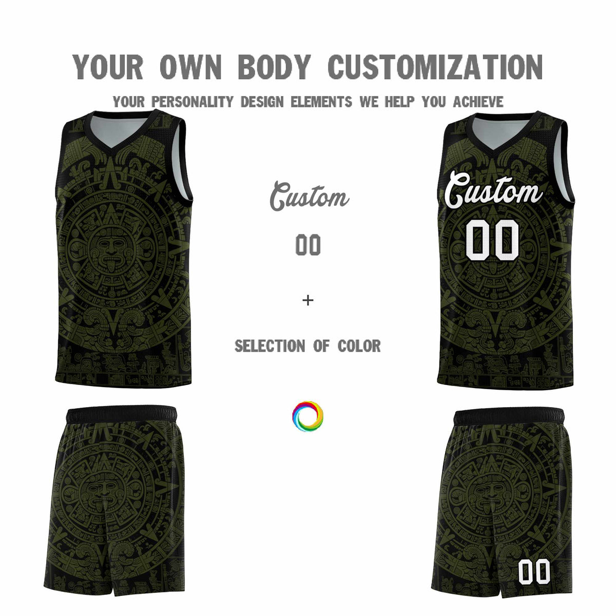 Custom Youth Basketball Jerseys Olive Aztec Sun Stone Pattern Custom Team Set