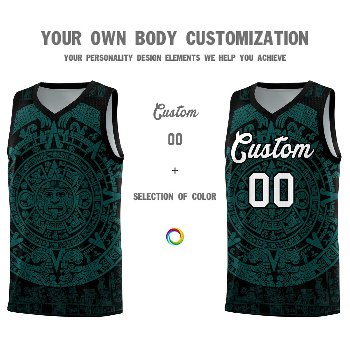 Custom Youth Basketball Jerseys Teal Aztec Sun Stone Design Team Uniform