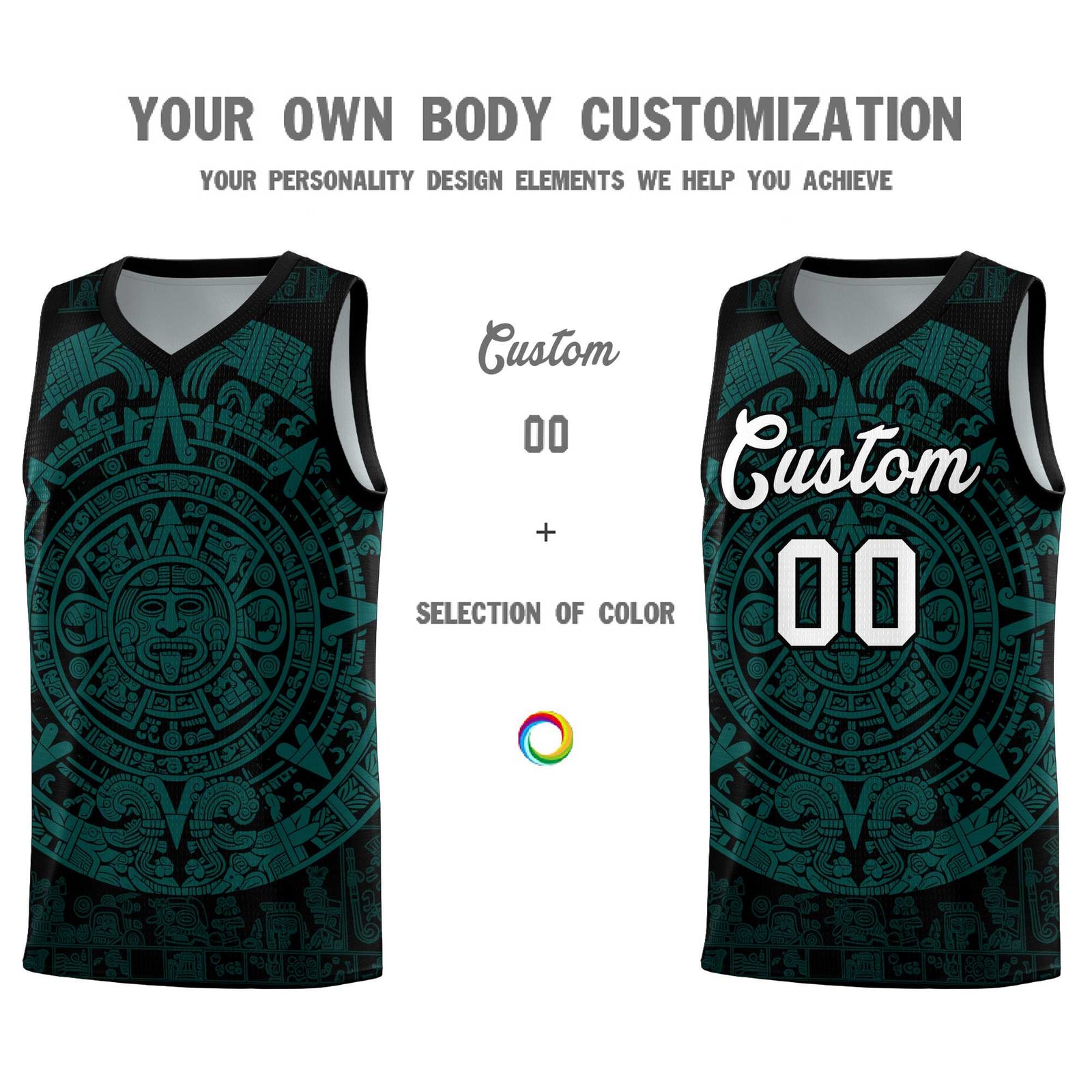Custom Youth Basketball Jerseys Teal Aztec Sun Stone Design Team Uniform