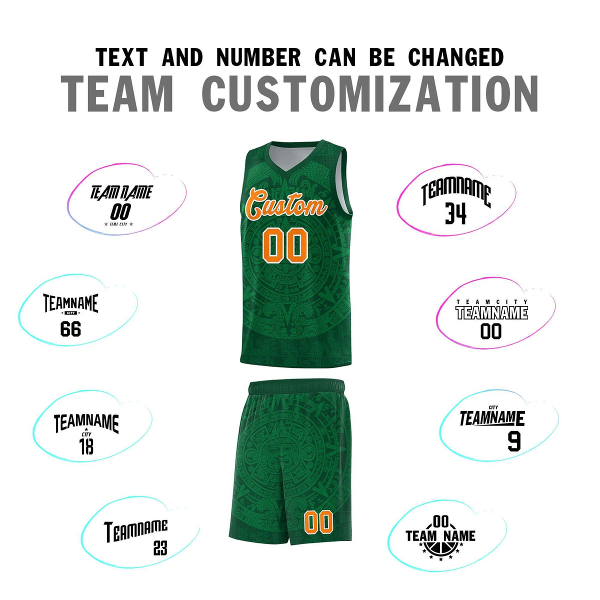 Custom Youth Basketball Jerseys Kelly Green Aztec Sun Stone Personalized Uniform