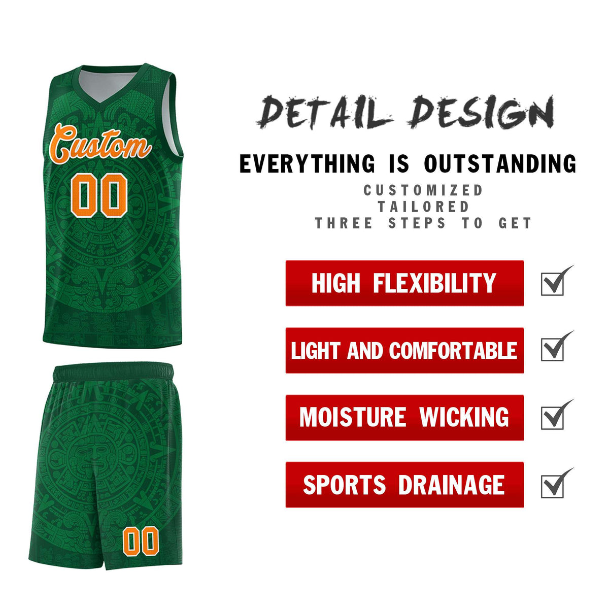 Custom Youth Basketball Jerseys Kelly Green Aztec Sun Stone Personalized Uniform