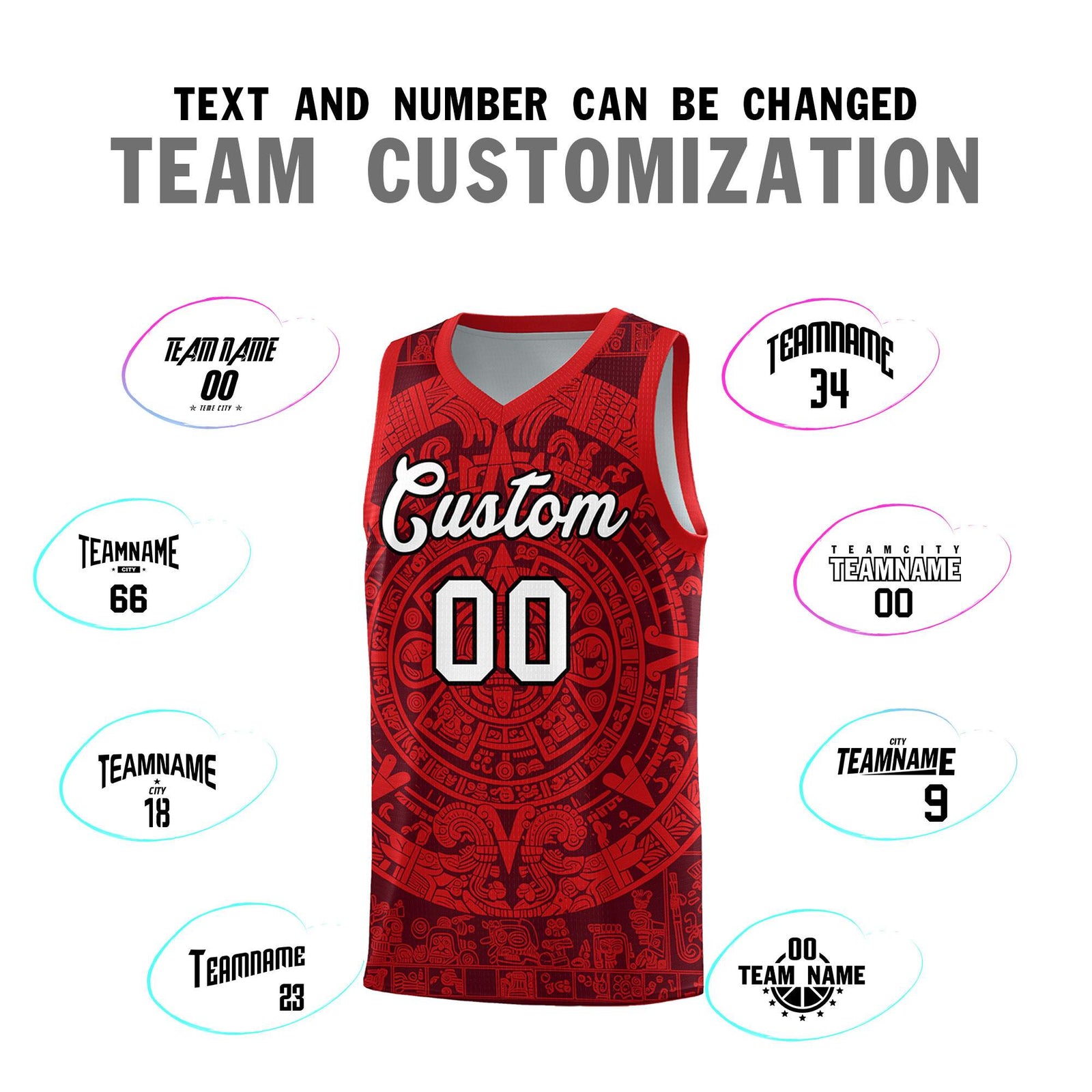 Custom Youth Basketball Jerseys Red Aztec Sun Stone Pattern Custom Team Set