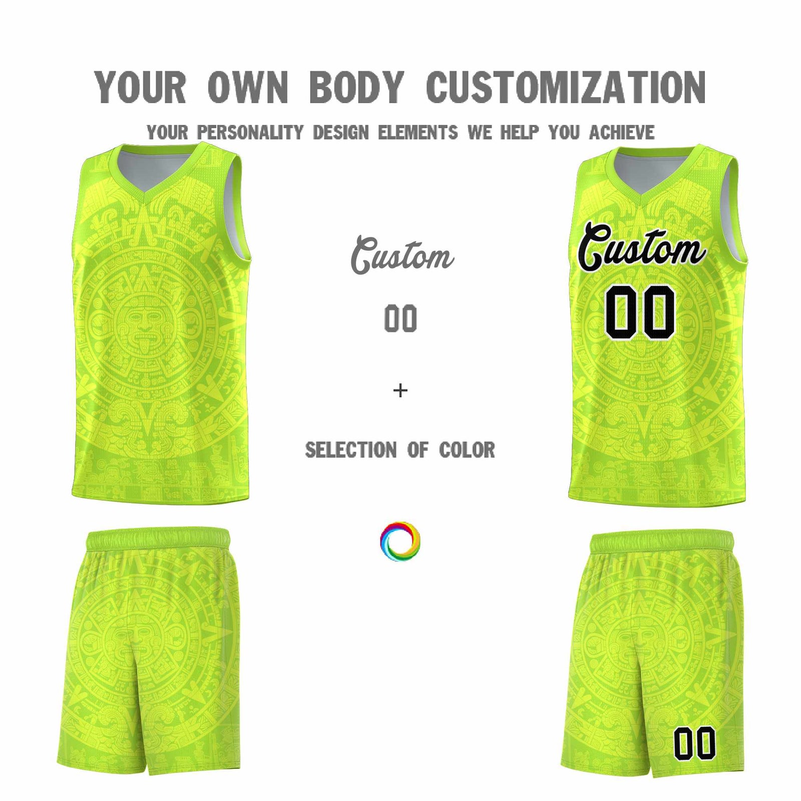 Custom Youth Basketball Jerseys Fluorescent Green Aztec Sun Stone Personalized Uniform