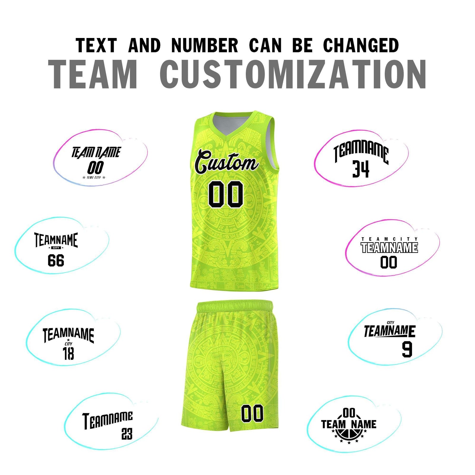 Custom Youth Basketball Jerseys Fluorescent Green Aztec Sun Stone Personalized Uniform