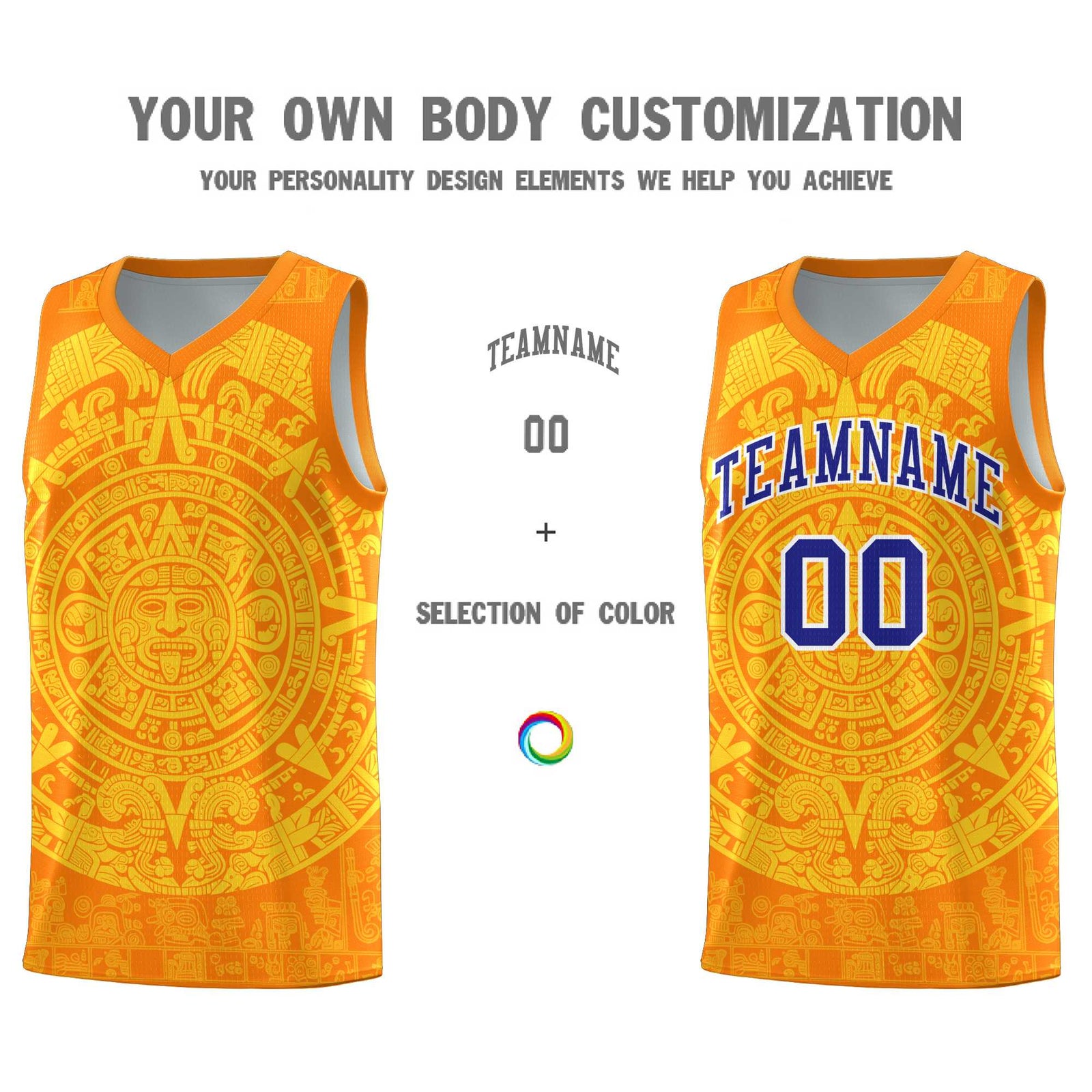 Custom Youth Basketball Jerseys Gold Aztec Sun Stone Design Team Uniform
