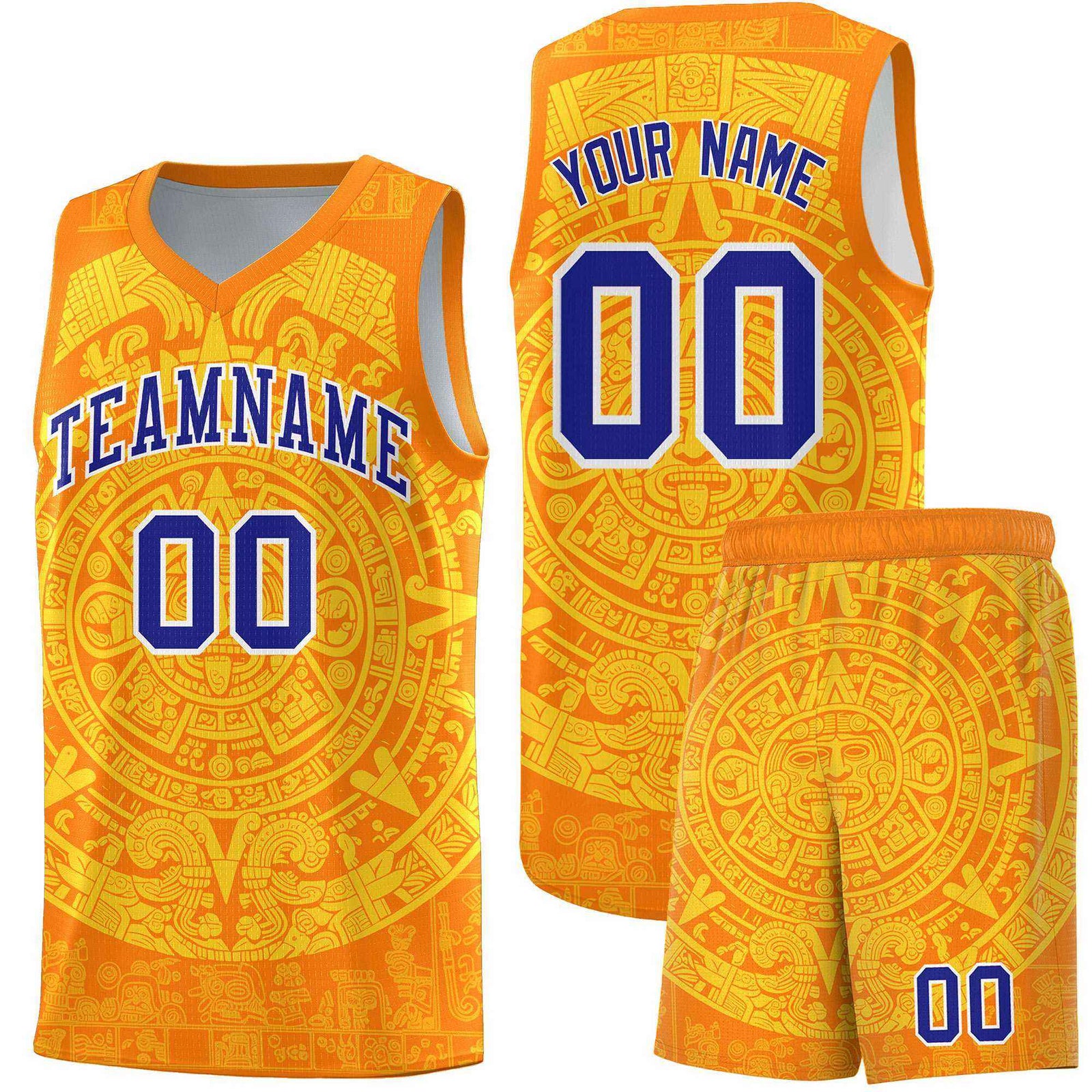 Custom Youth Basketball Jerseys Gold Aztec Sun Stone Design Team Uniform