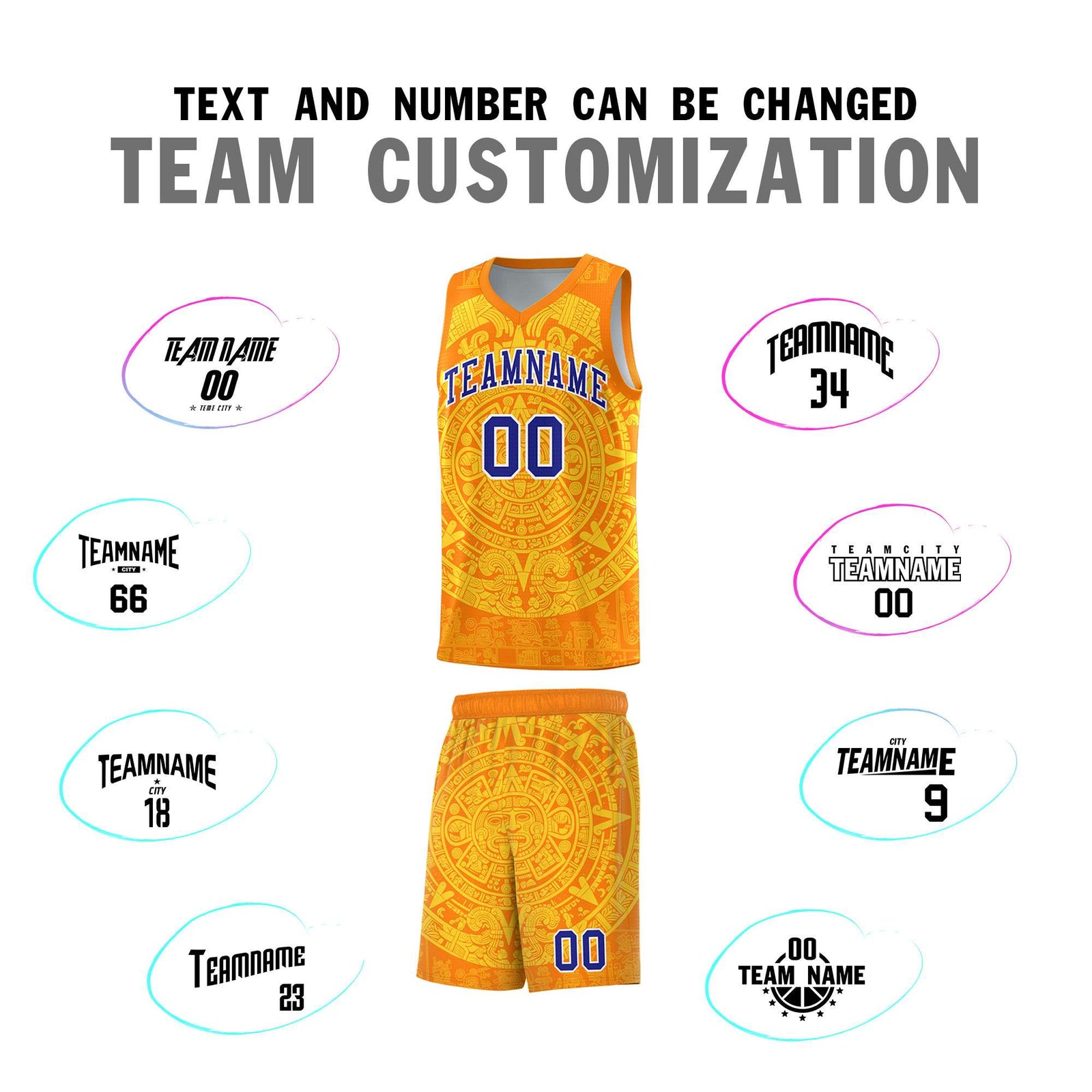 Custom Youth Basketball Jerseys Gold Aztec Sun Stone Design Team Uniform