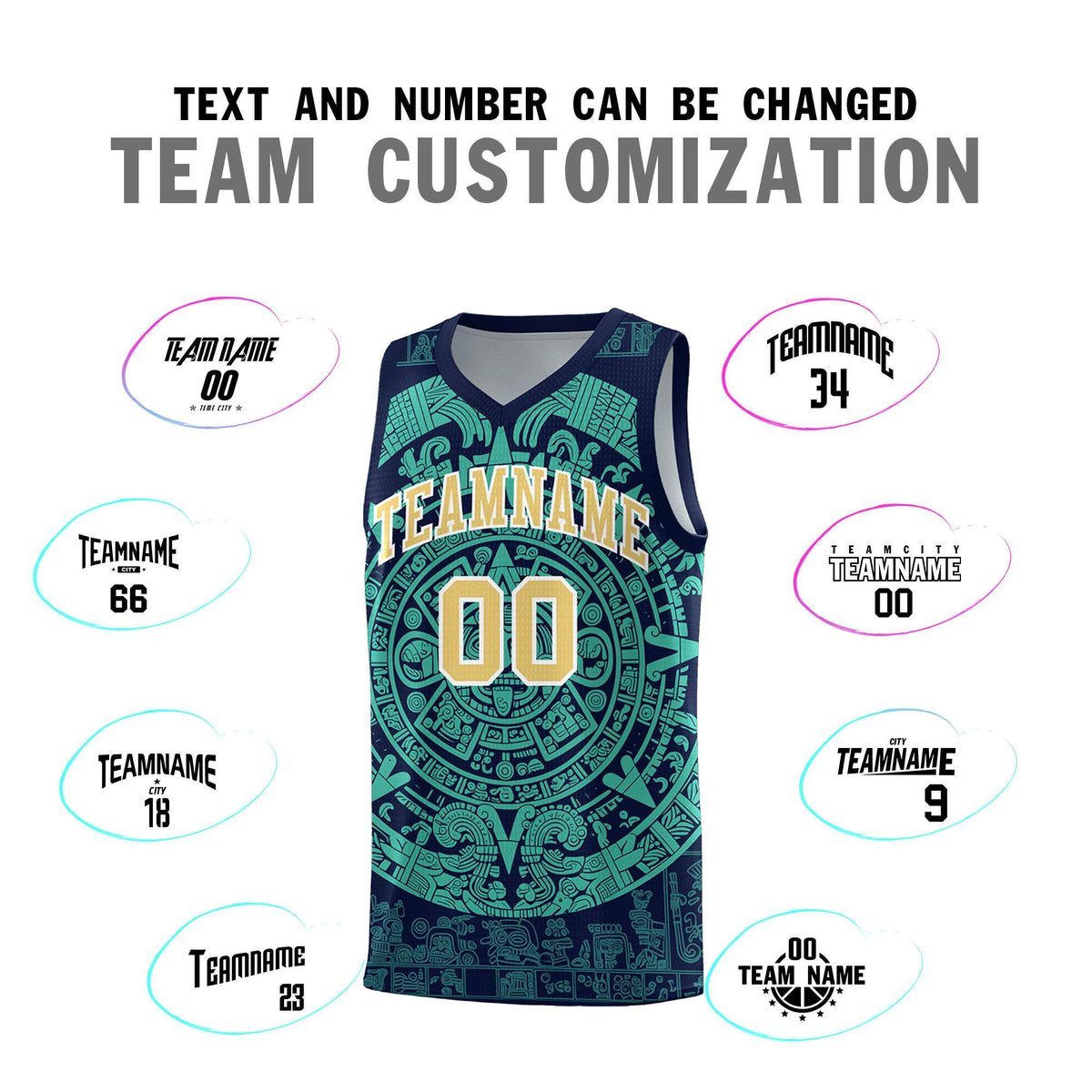 Custom Youth Basketball Jerseys Aqua Aztec Sun Stone Personalized Uniform
