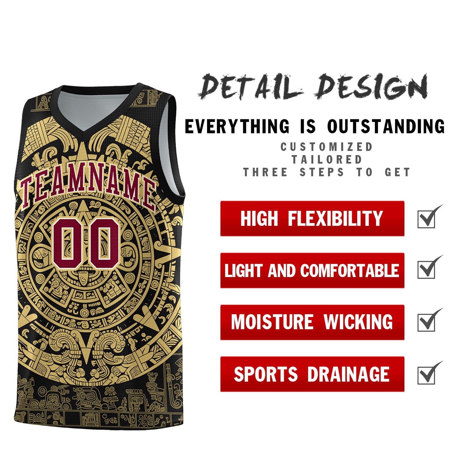 Custom Youth Basketball Jerseys Old Gold Aztec Sun Stone Pattern Custom Team Set