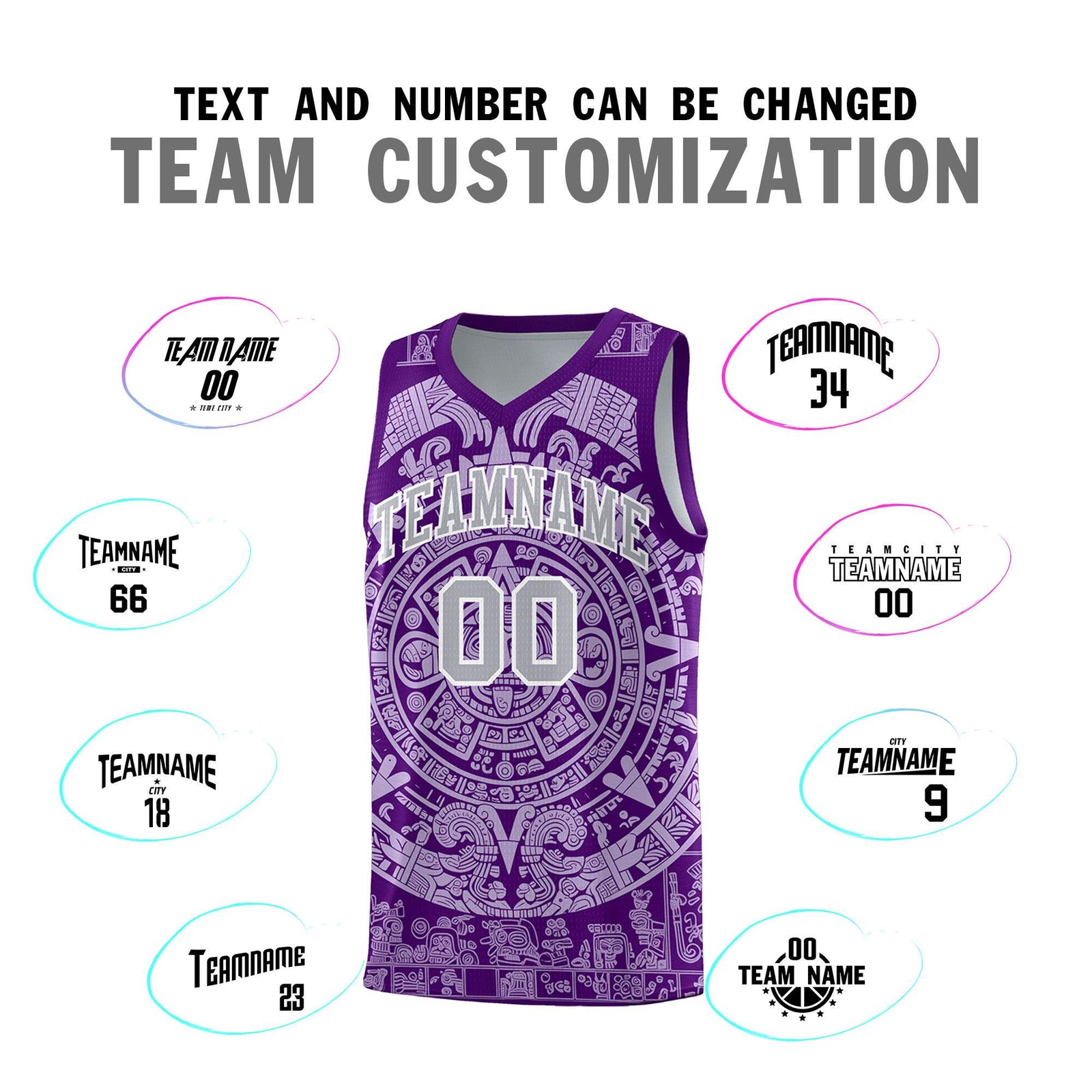 Custom Youth Basketball Jerseys Light Purple Aztec Sun Stone Pattern Custom Team Set