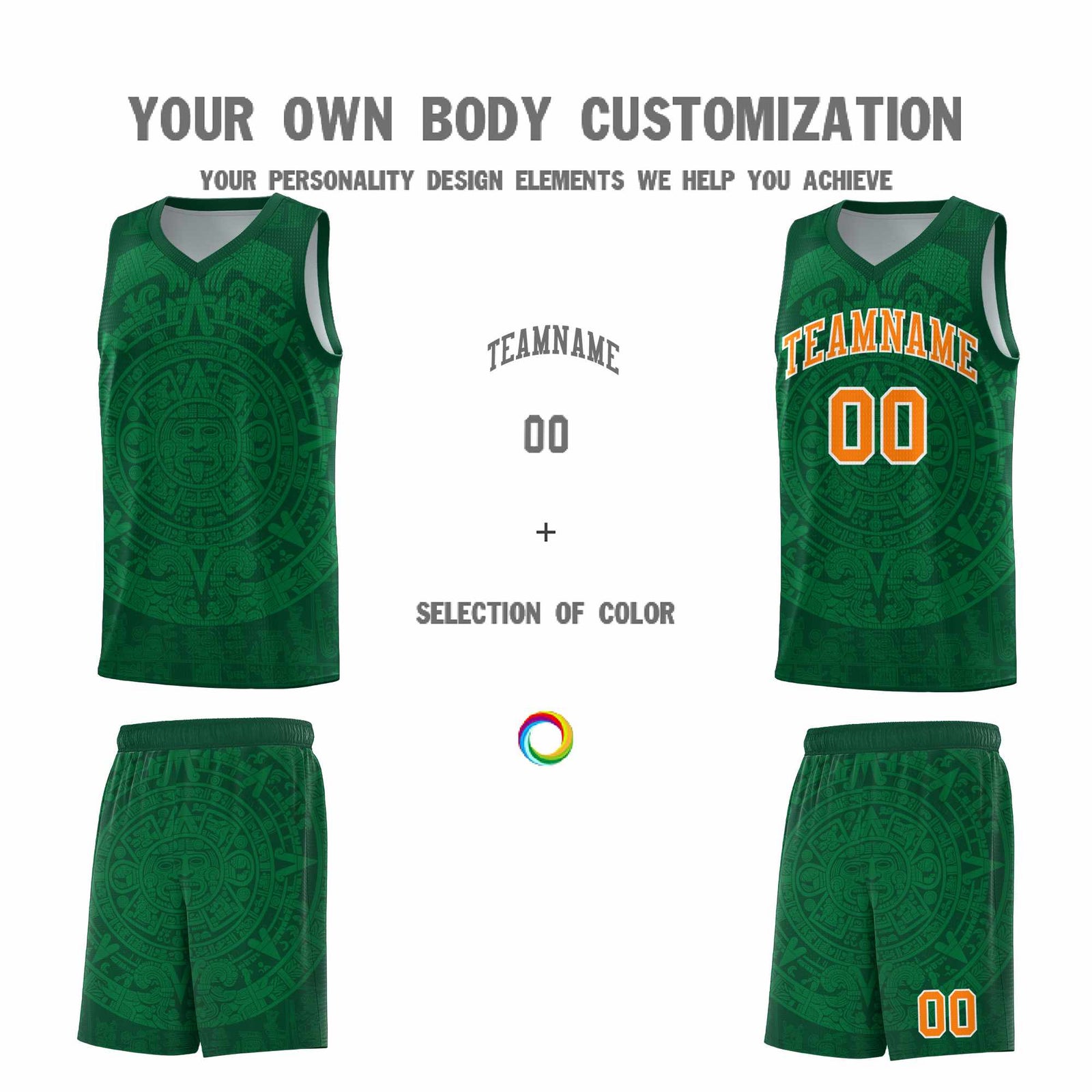 Custom Youth Basketball Jerseys Kelly Green Aztec Sun Stone Personalized Uniform