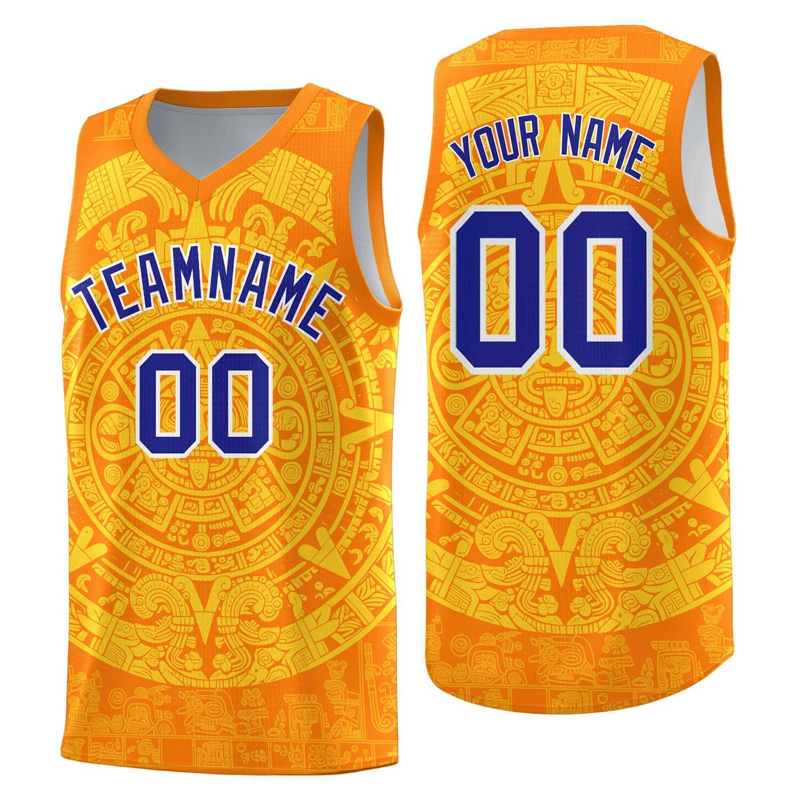 Custom Youth Basketball Jerseys Gold Aztec Sun Stone Design Team Uniform