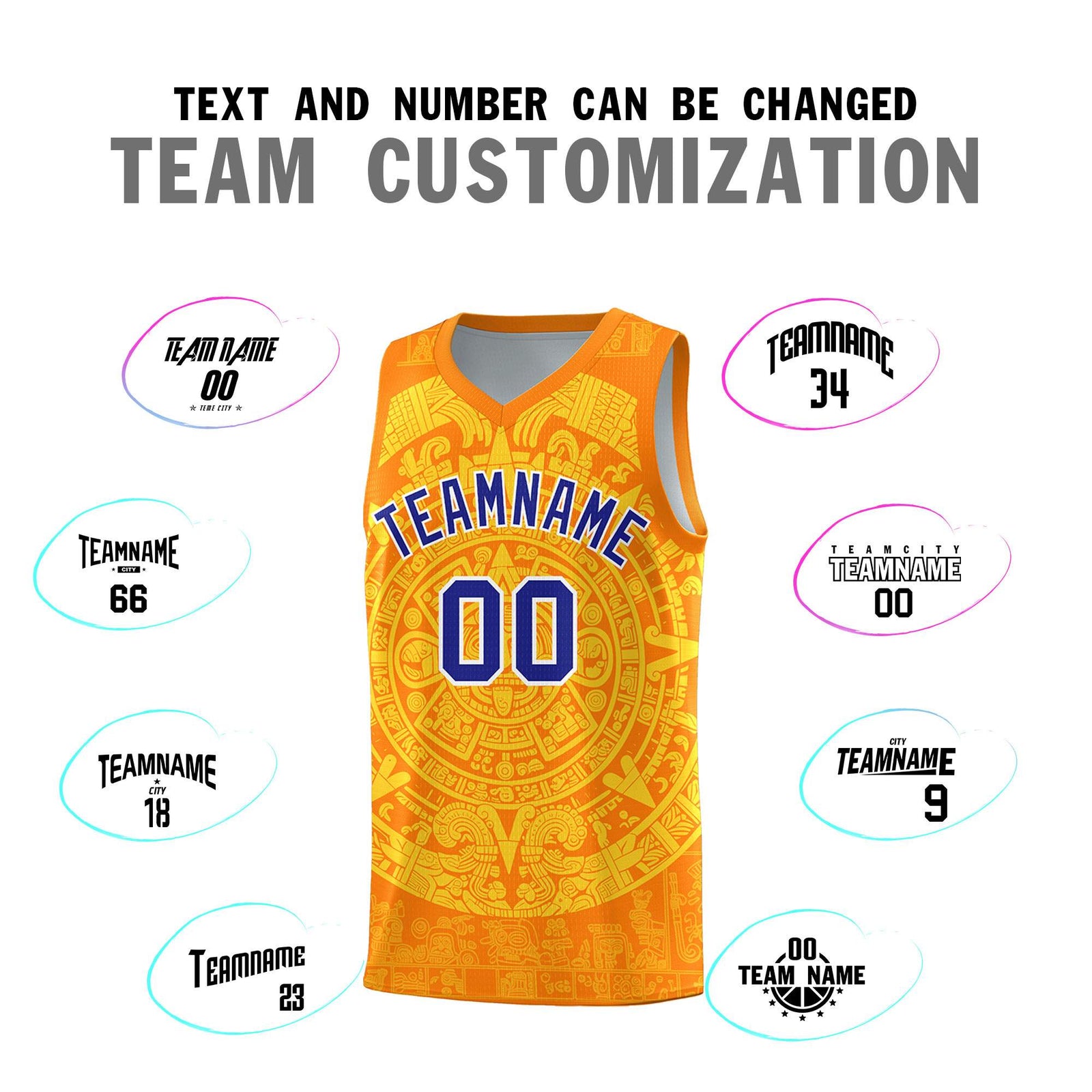 Custom Youth Basketball Jerseys Gold Aztec Sun Stone Design Team Uniform