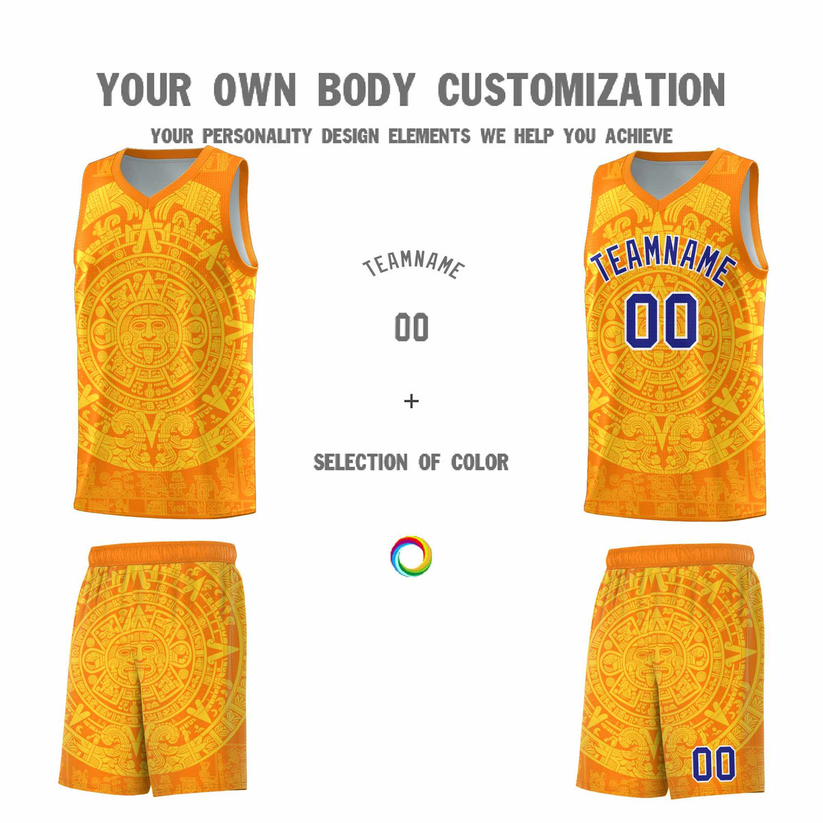 Custom Youth Basketball Jerseys Gold Aztec Sun Stone Design Team Uniform