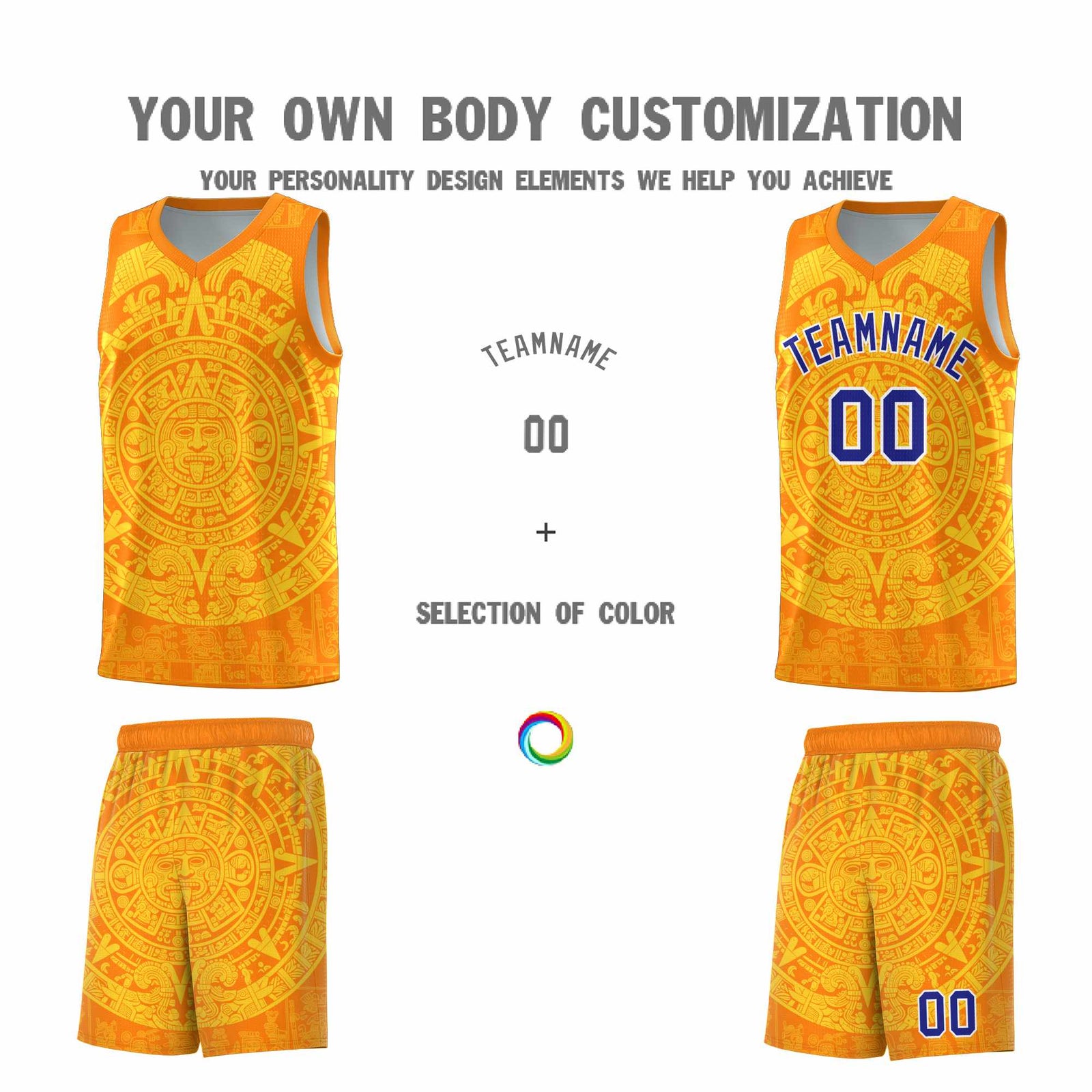 Custom Youth Basketball Jerseys Gold Aztec Sun Stone Design Team Uniform