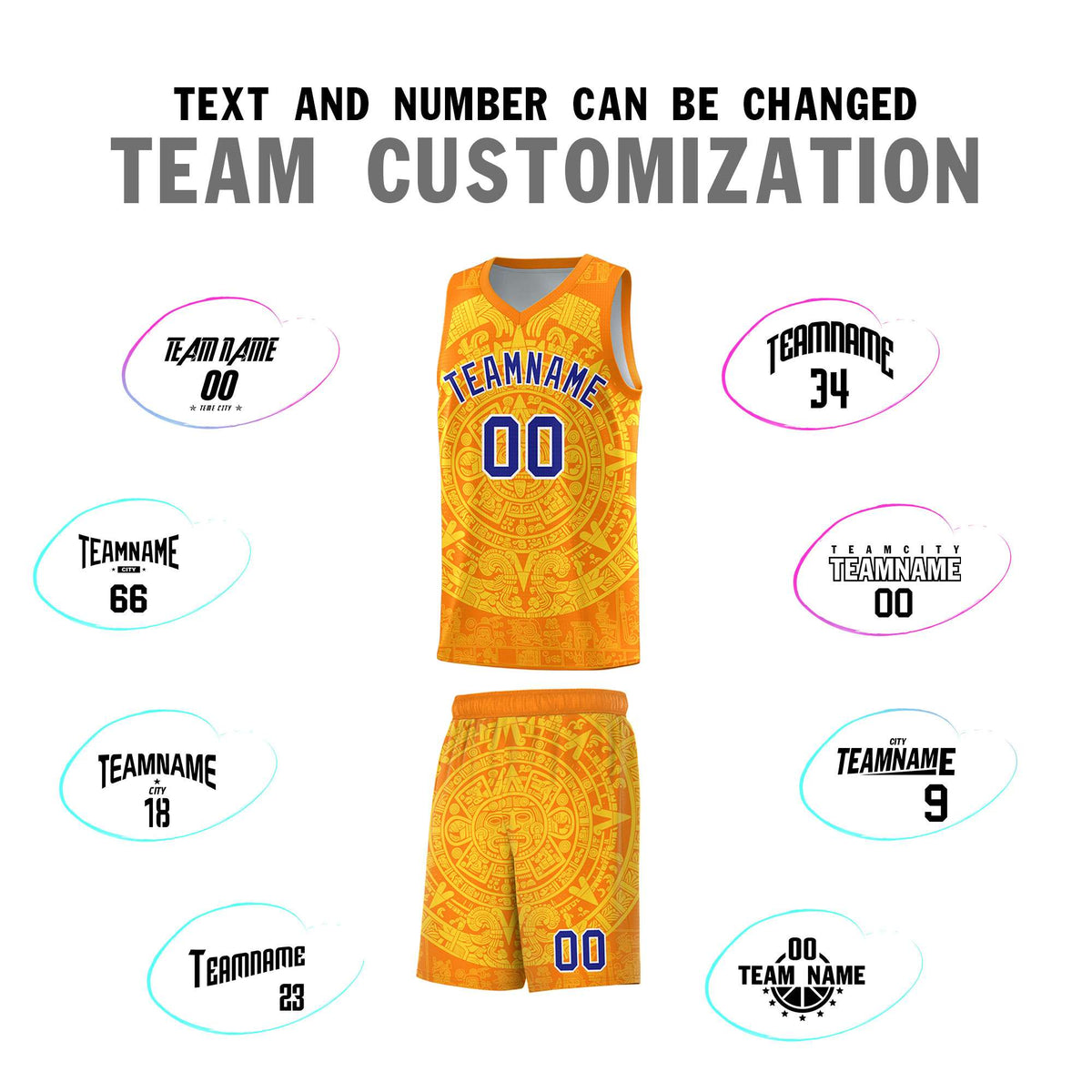Custom Youth Basketball Jerseys Gold Aztec Sun Stone Design Team Uniform
