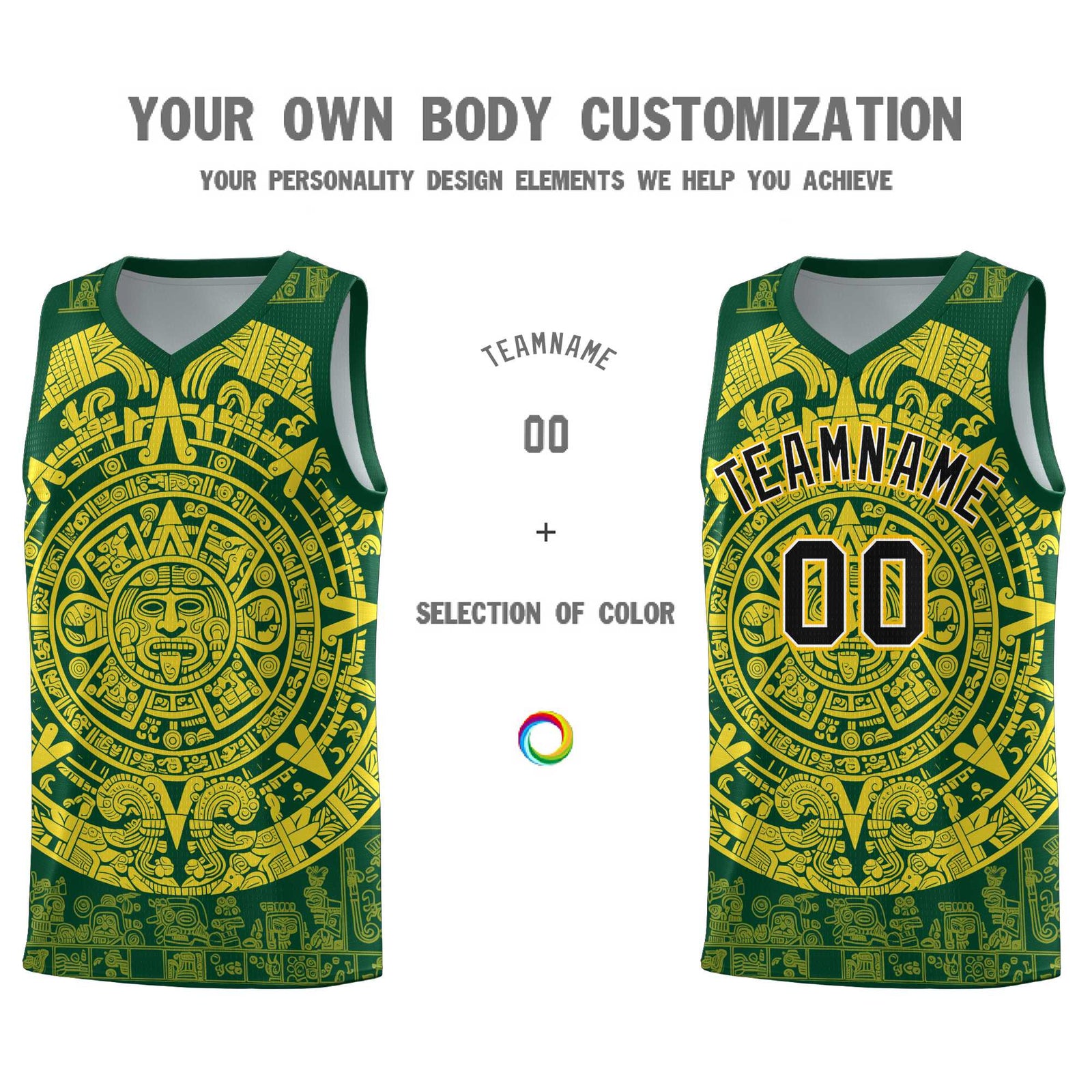 Custom Youth Basketball Jerseys Gold Aztec Sun Stone Personalized Uniform