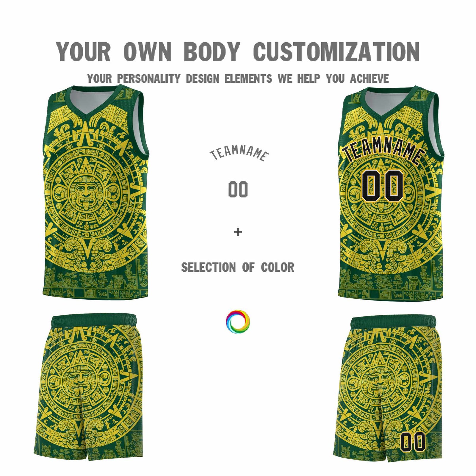 Custom Youth Basketball Jerseys Gold Aztec Sun Stone Personalized Uniform