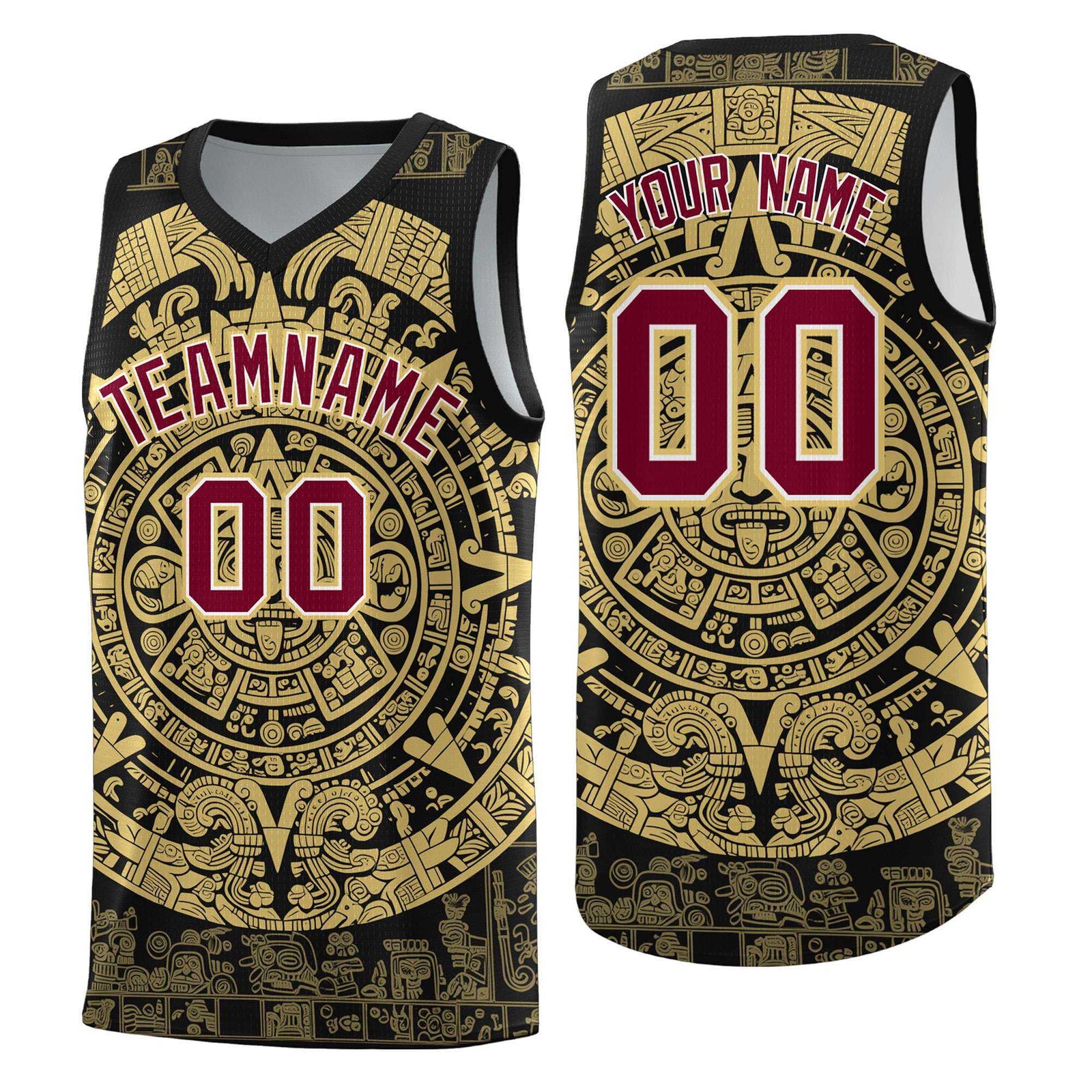 Custom Youth Basketball Jerseys Old Gold Aztec Sun Stone Pattern Custom Team Set