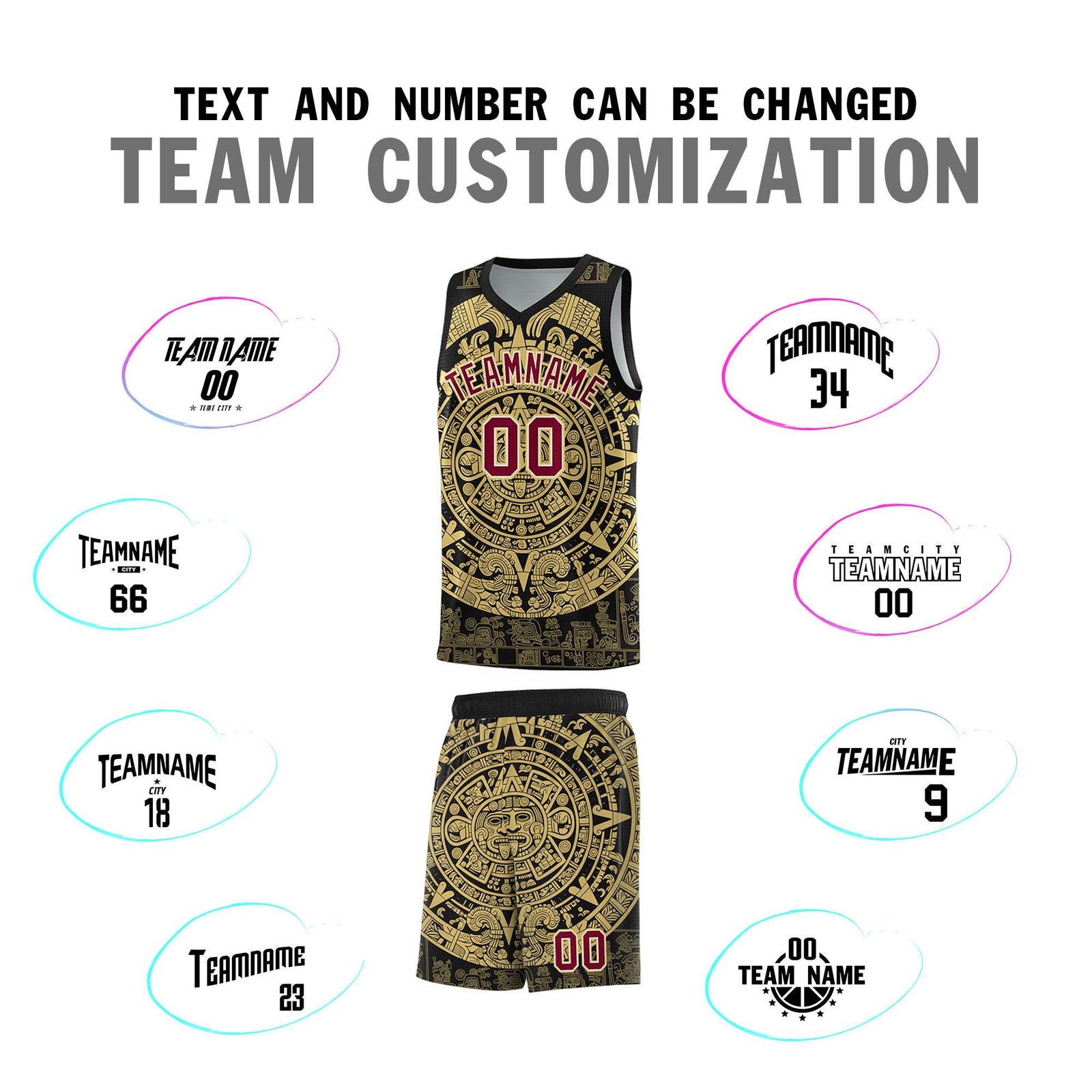 Custom Youth Basketball Jerseys Old Gold Aztec Sun Stone Pattern Custom Team Set