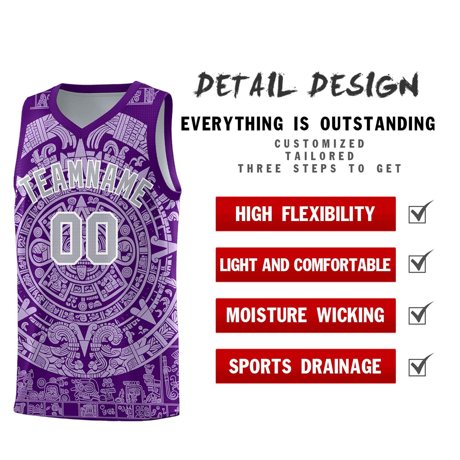 Custom Youth Basketball Jerseys Light Purple Aztec Sun Stone Pattern Custom Team Set