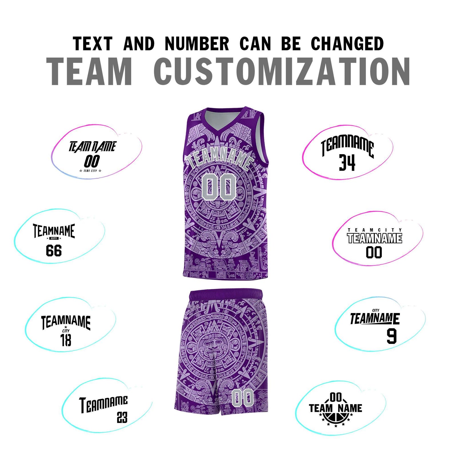 Custom Youth Basketball Jerseys Light Purple Aztec Sun Stone Pattern Custom Team Set