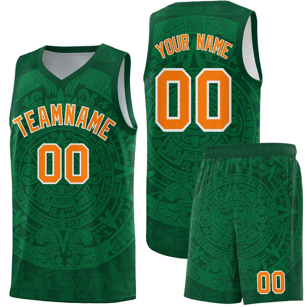 Custom Youth Basketball Jerseys Kelly Green Aztec Sun Stone Personalized Uniform