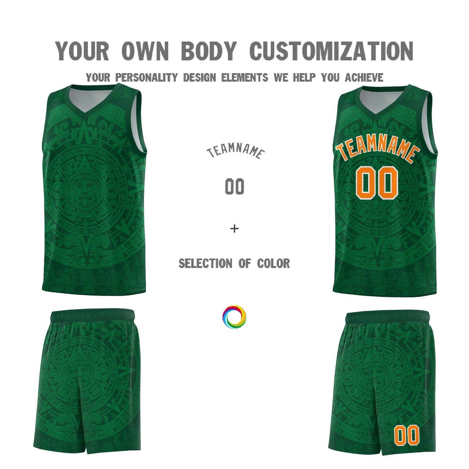Custom Youth Basketball Jerseys Kelly Green Aztec Sun Stone Personalized Uniform