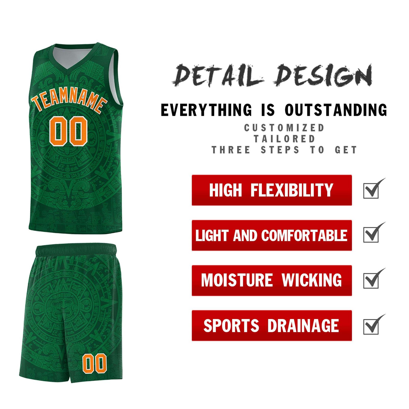 Custom Youth Basketball Jerseys Kelly Green Aztec Sun Stone Personalized Uniform